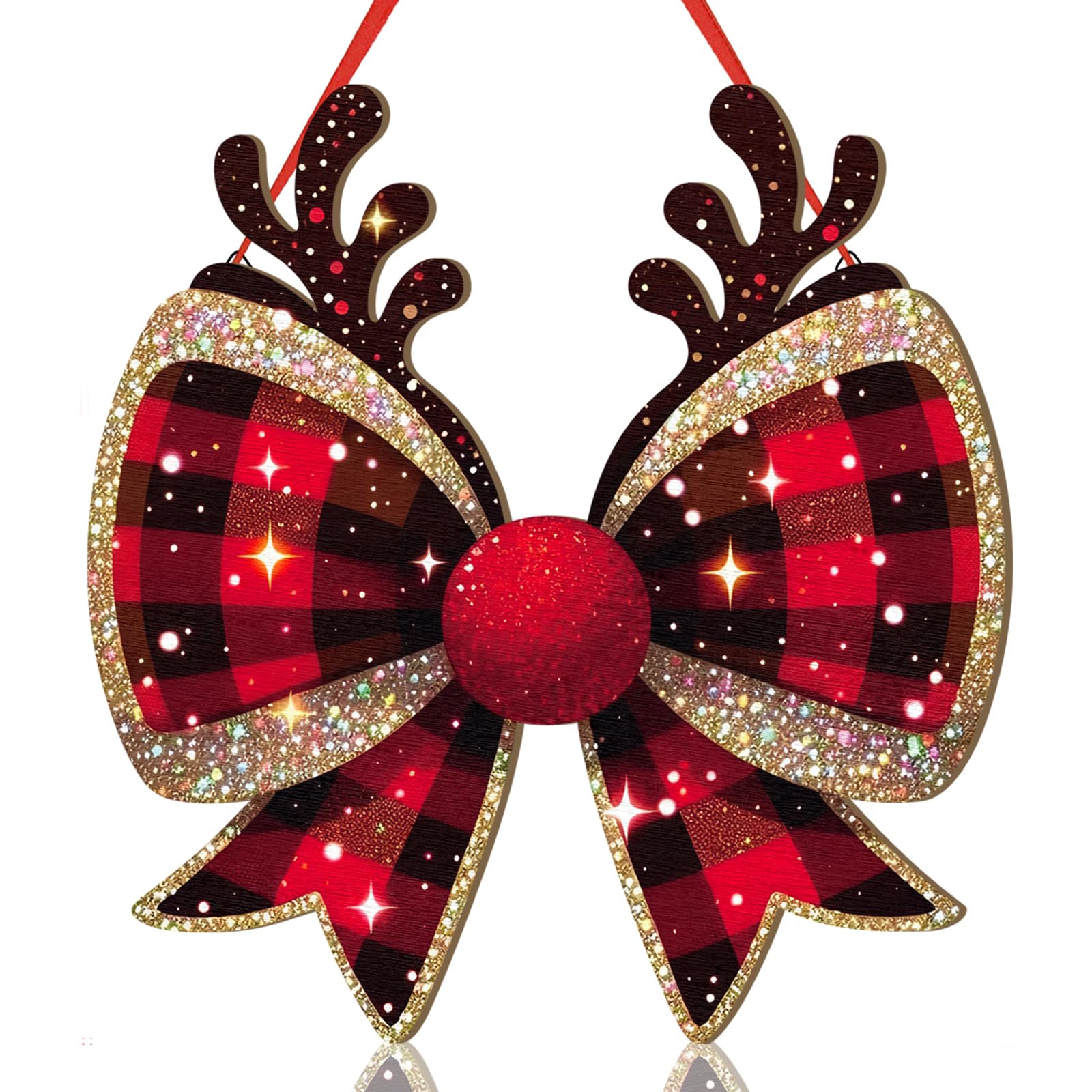 RattanView Christmas Bow Wooden Hanging Sign Red Plaid Reindeer Bow Wall Hanging Hanger Cute Preppy Wall Art Bowknot Welcome Doo