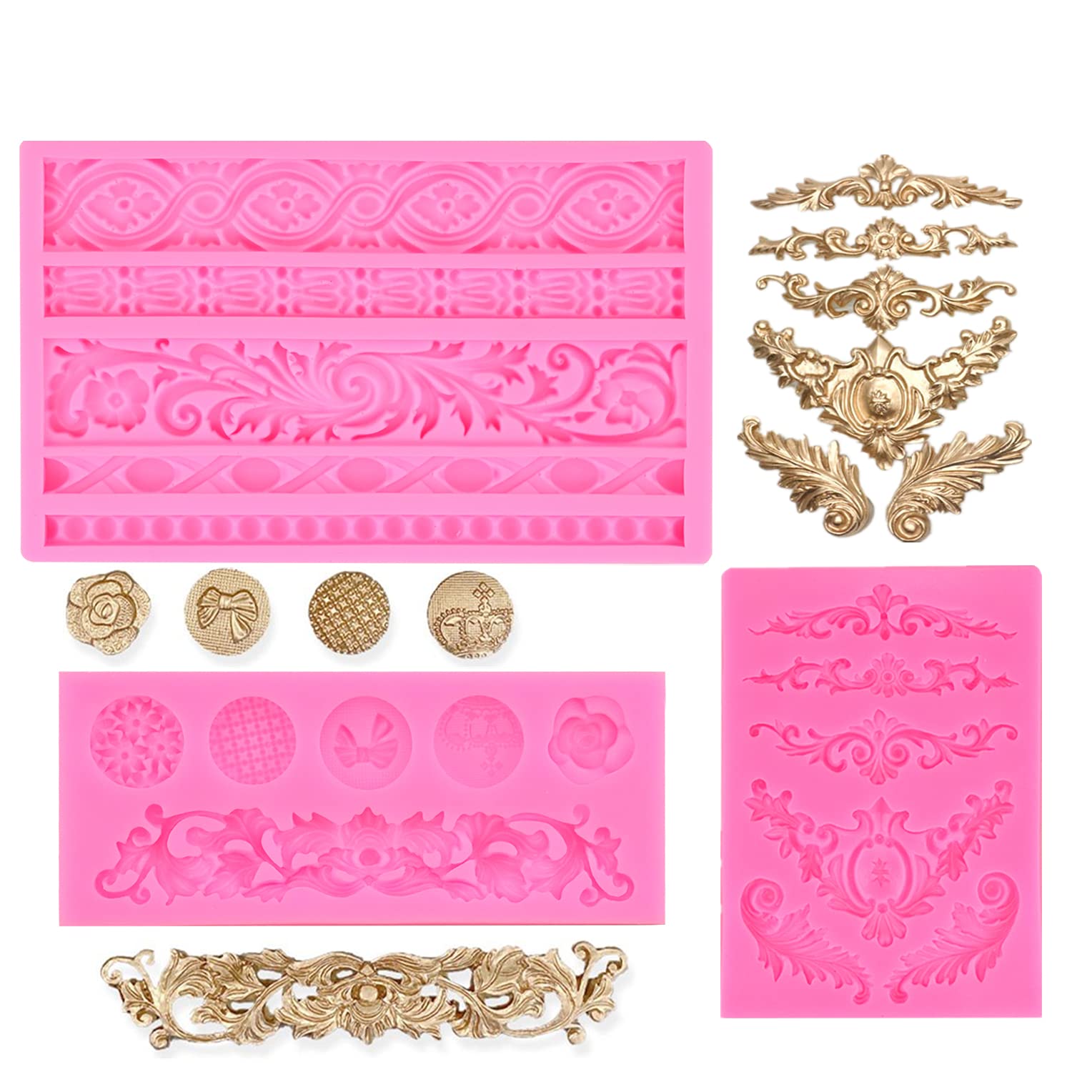 Joersh 3Pcs Baroque Silicone Molds Scroll Silicone Baroque Mold Clay Molds Border Fondant Molds Candy Chocolate Molds For Weddin