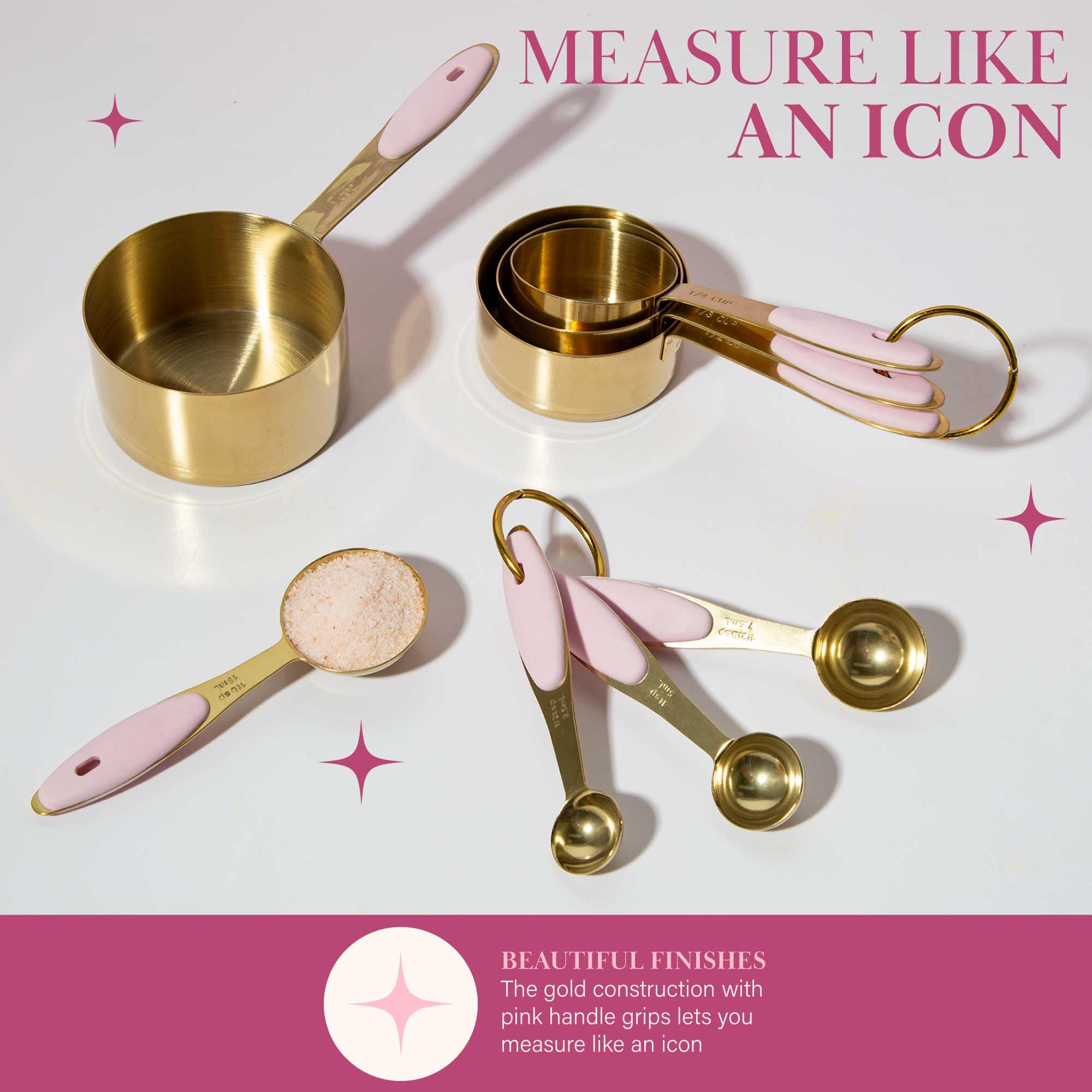 Paris Hilton Measuring Cups And Spoons Set, Stainless Steel With Pink Silicone Inset Handle, Dishwasher Safe, For Dry And Liquid