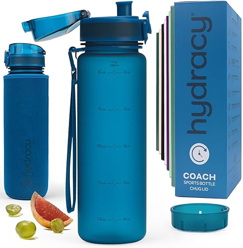 Hydracy Water Bottle with Time Marker - 500 ml 17oz BPA Free Water Bottle -Leak Proof & No Sweat gym Bottle with Fruit Infuser Strainer -Ideal gift for Fitness  Sports & Outdoors -Midnight Blue