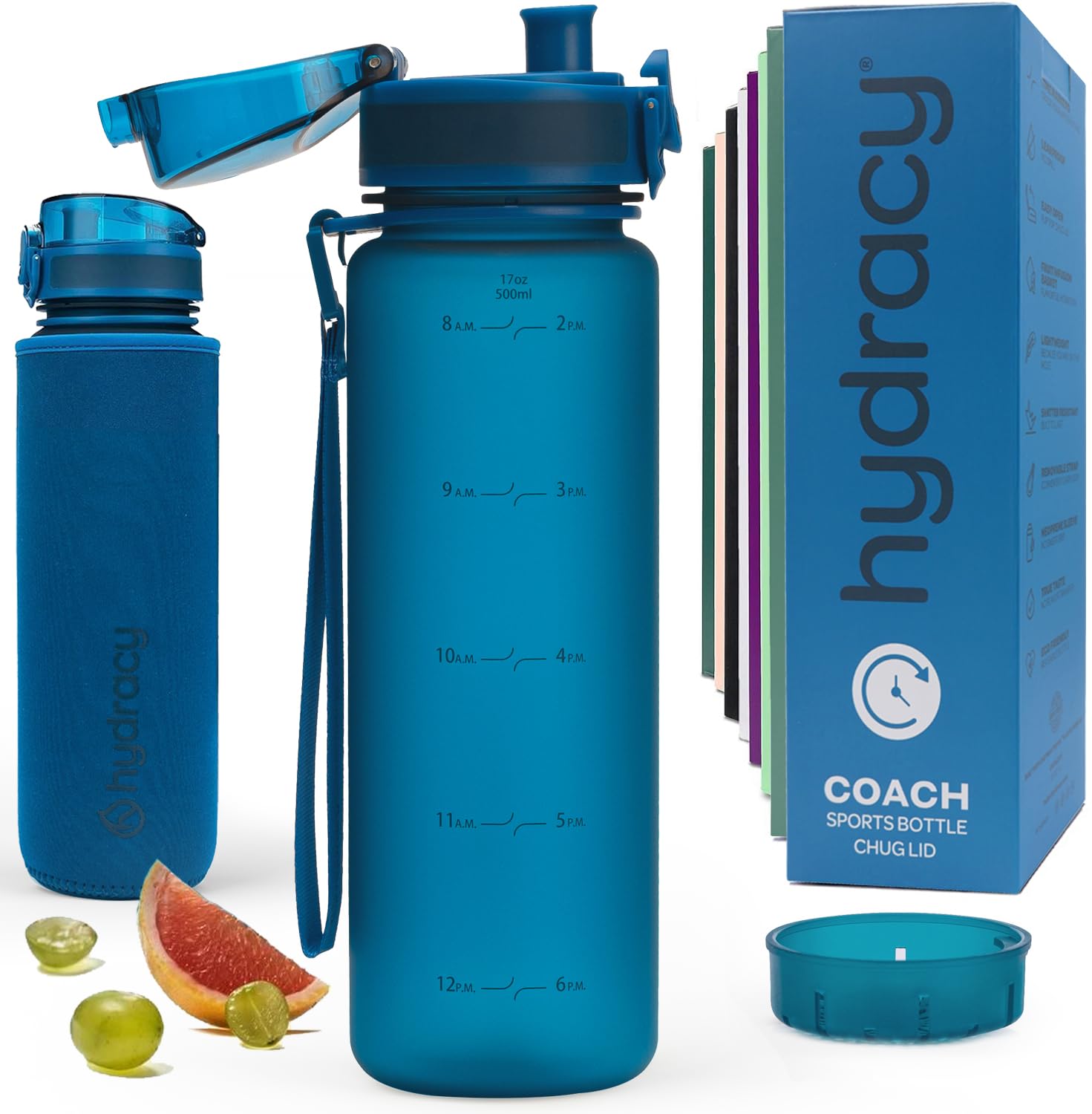 Hydracy Water Bottle with Time Marker - 500 ml 17oz BPA Free Water Bottle -Leak Proof & No Sweat gym Bottle with Fruit Infuser Strainer -Ideal gift for Fitness  Sports & Outdoors -Midnight Blue