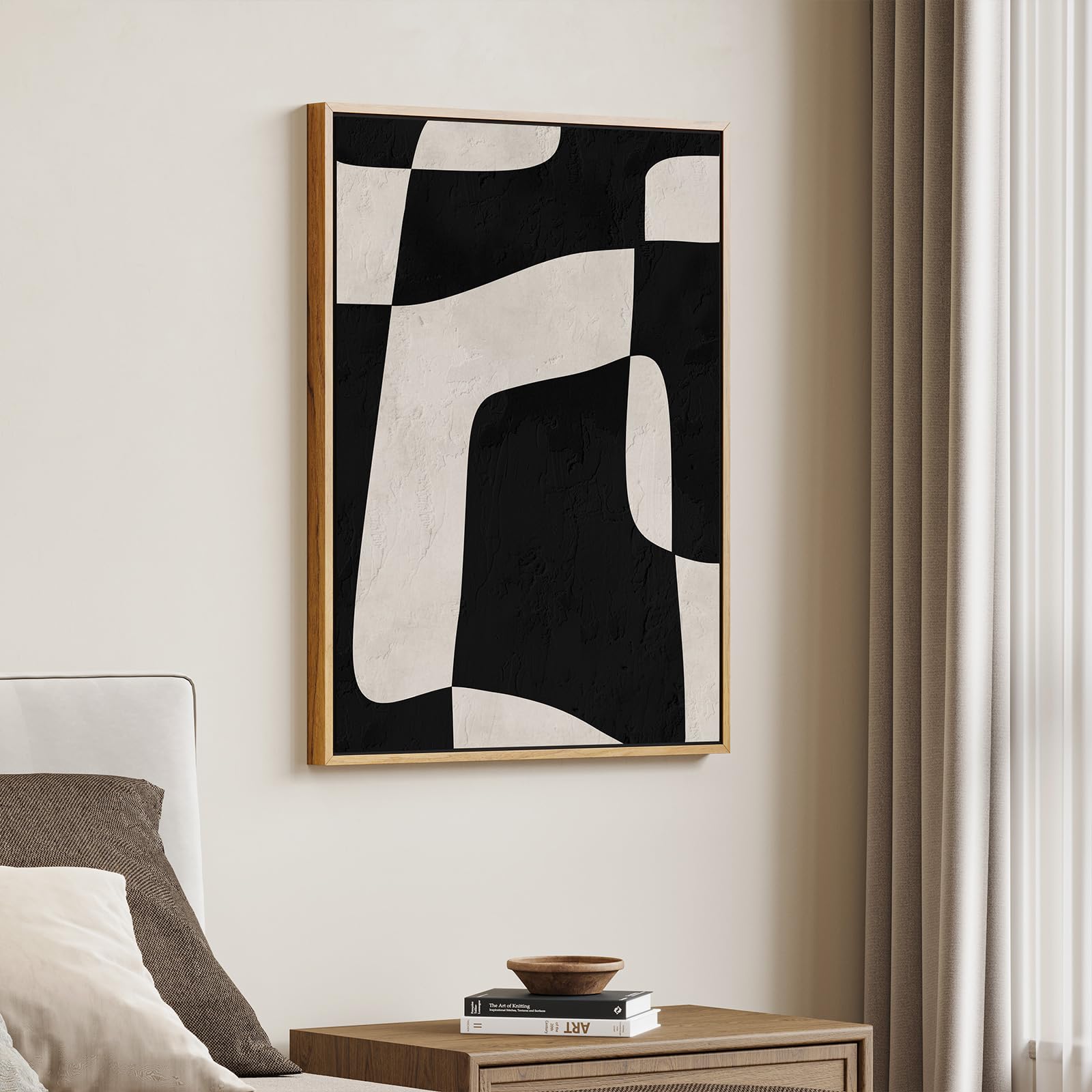 Large Framed Black And White Abstract Wall Art, Modern Canvas Prints Paintings Artwork For Walls, Minimalist Neutral Black Beige