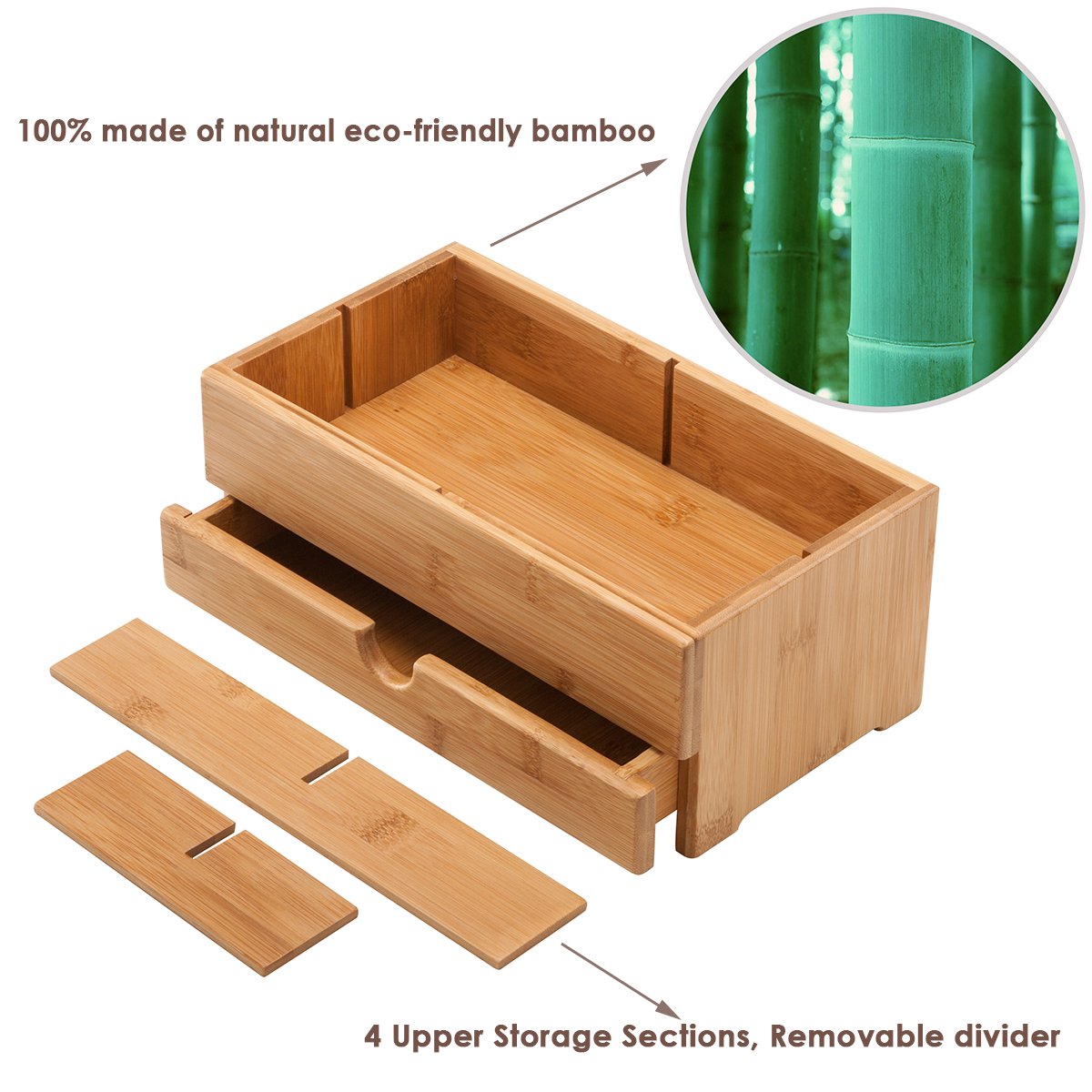 GOBAM Makeup Storage Drawer Organizer Bamboo Wood Cosmetic Display Box, Large Capacity Bathroom Beauty Countertop Organizer, Gre