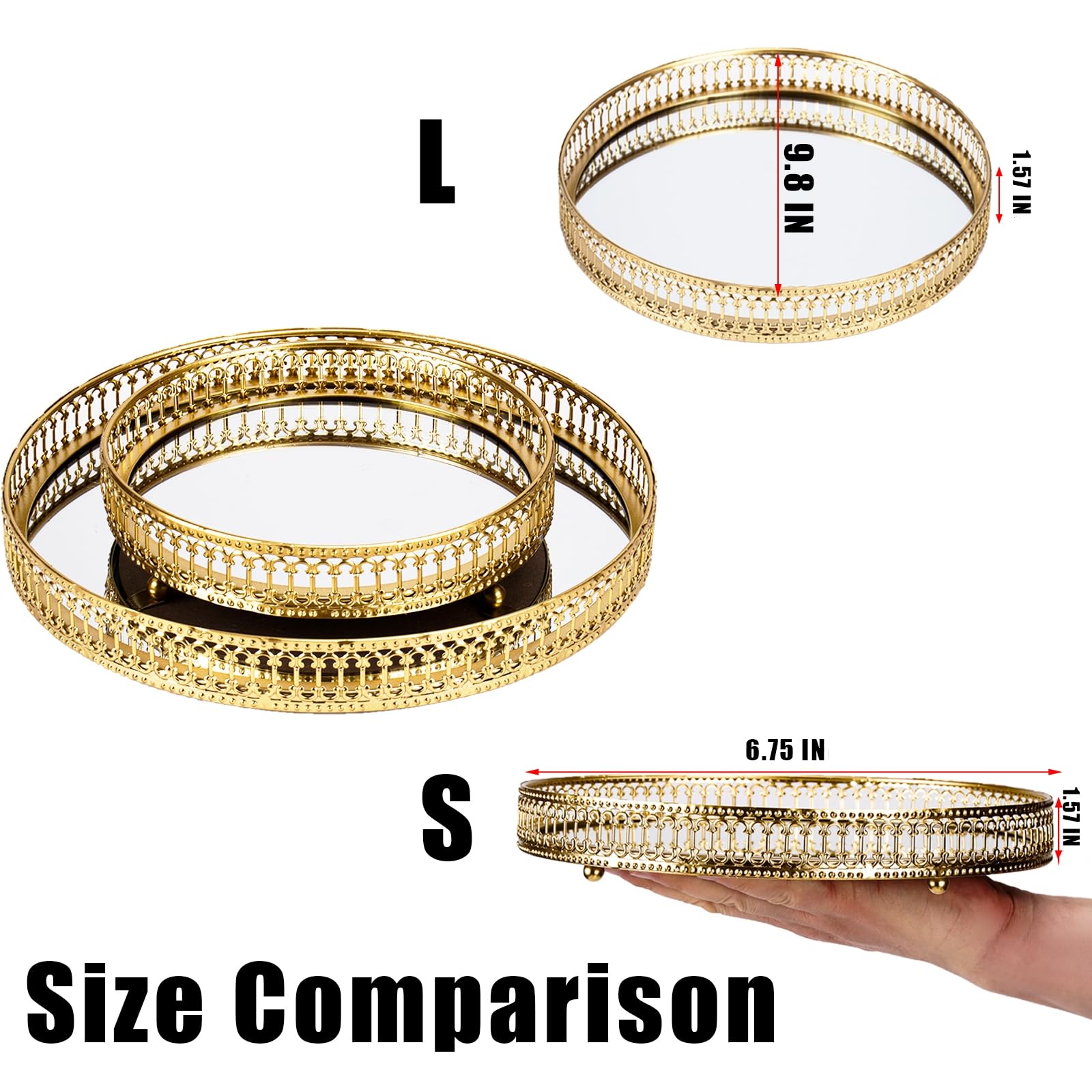Ayswupt Gold Mirrored Vanity Tray For Bathroom Counter,Metal Decorative Jewelry Storage Tray Cosmetic Perfume Organizer For Dres