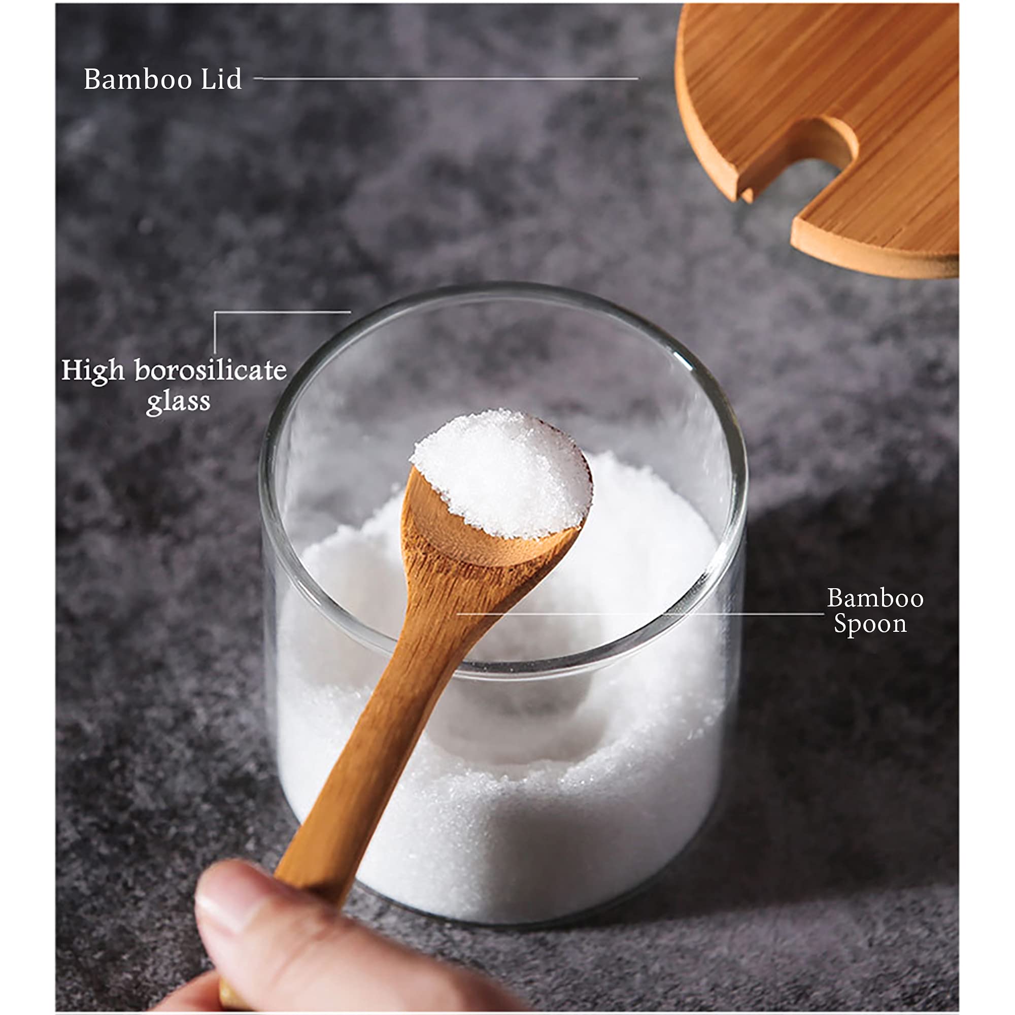 Fantesticryan 3 Pcs Stylish Simple Condiment Canisters Pots Set, Decorative Storage Seasoning Glass Container Box With Bamboo Sp