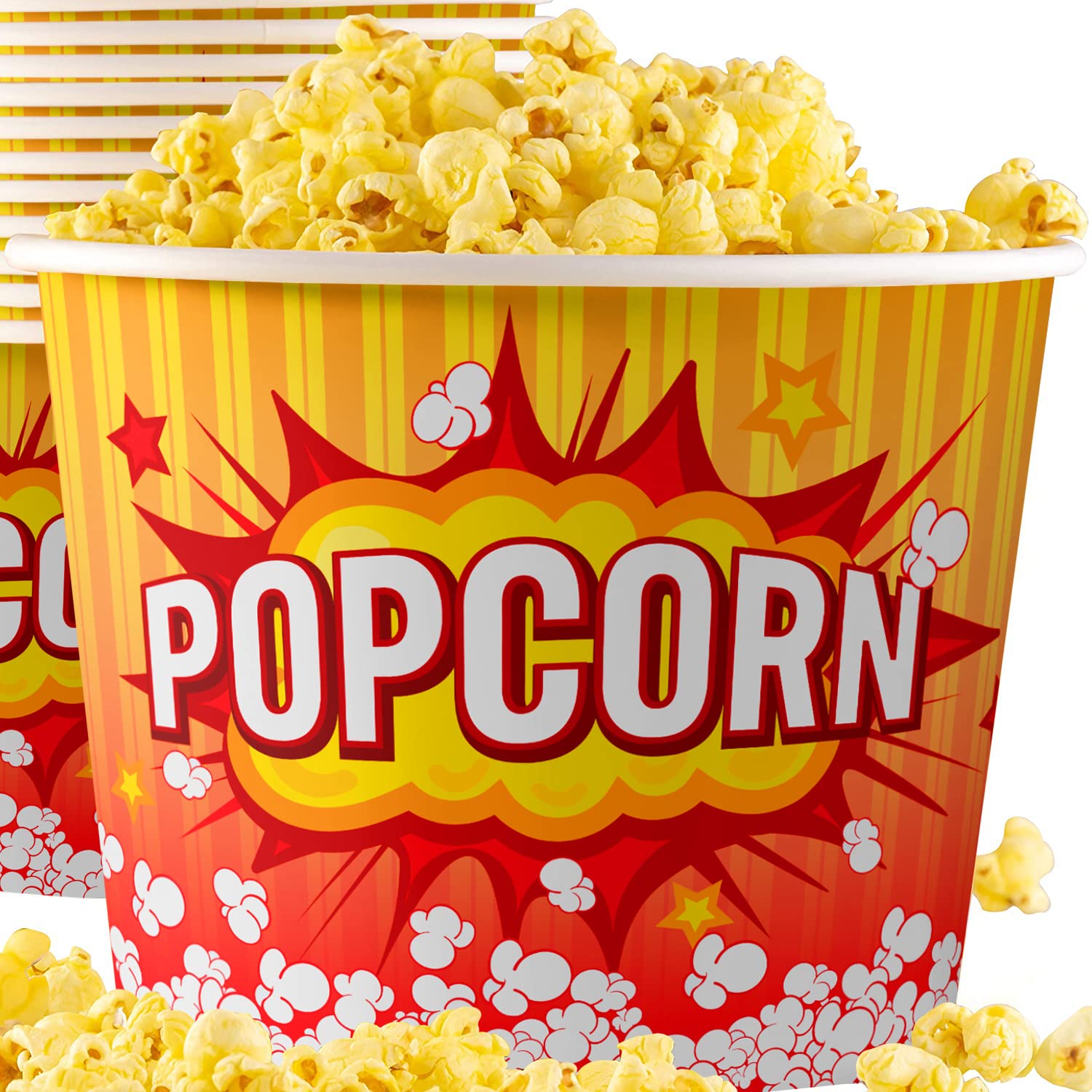 Greaseproof, Retro 85Oz Popcorn Buckets 50 Pack. Reusable And Durable Pop Corn Tubs In Red Yellow. Large Disposable Containers P