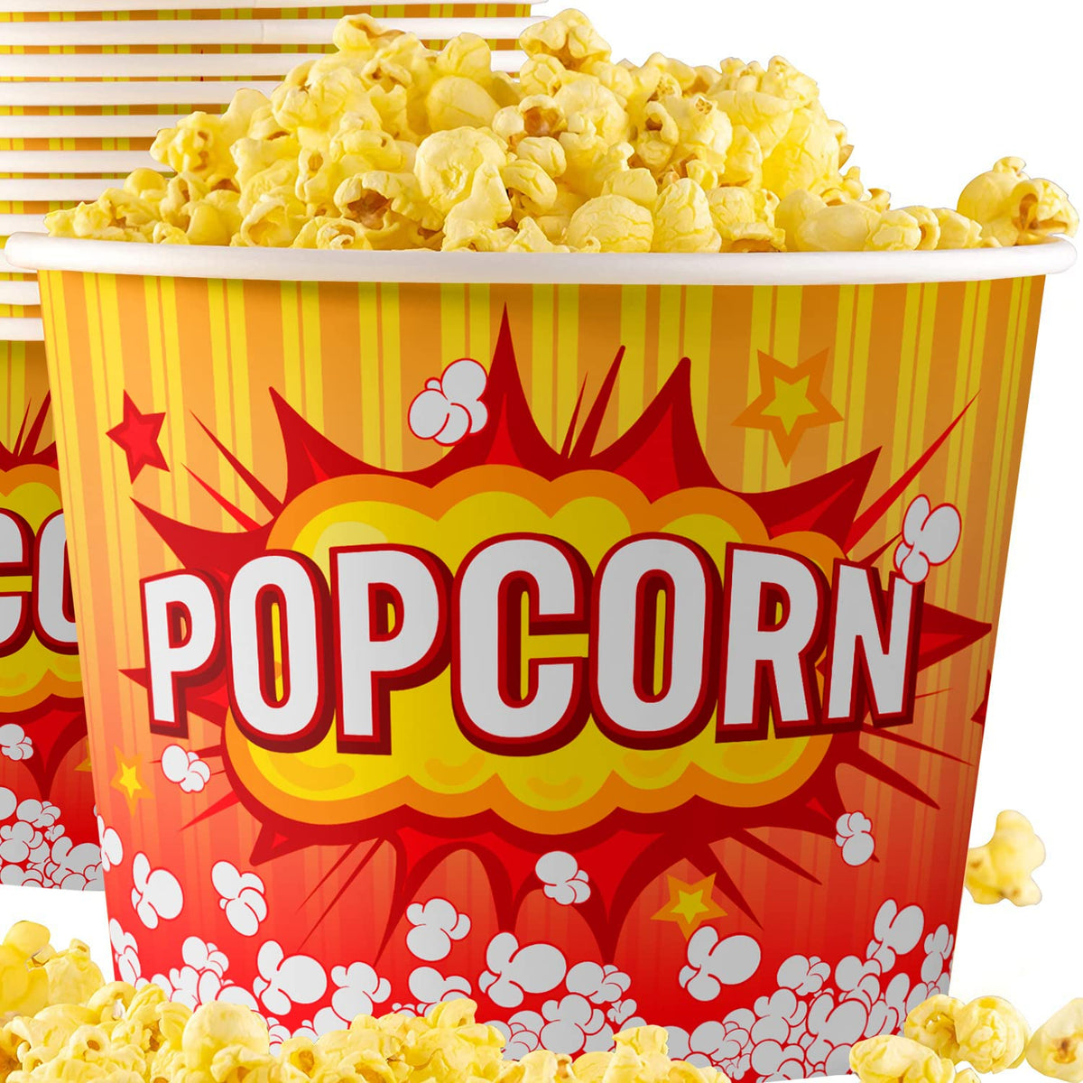 Greaseproof, Retro 85Oz Popcorn Buckets 50 Pack. Reusable And Durable Pop Corn Tubs In Red Yellow. Large Disposable Containers P
