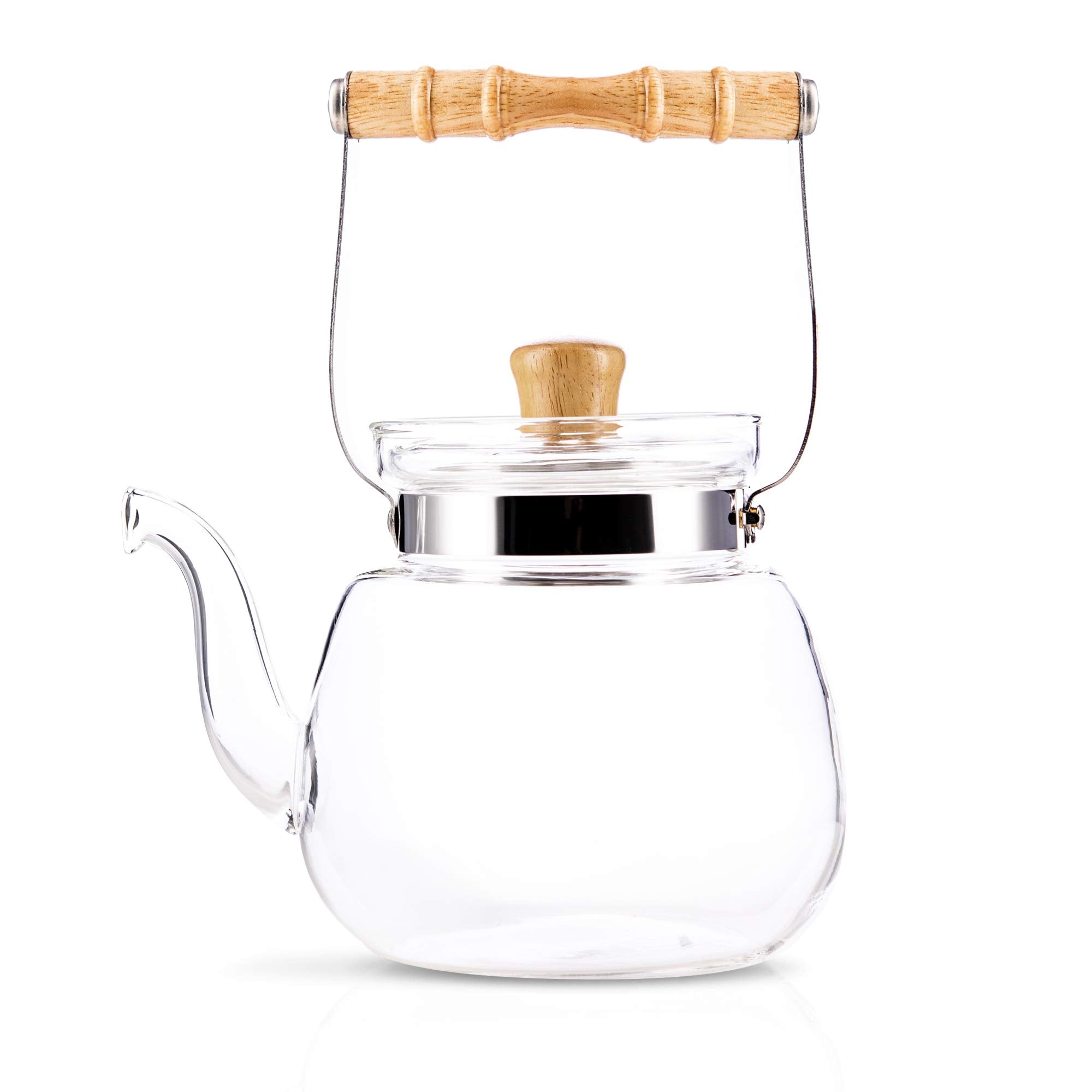 Yama Chinese Water Kettle 40 Oz, Borosilicate Glass Teapot With Bamboo Handle And Stainless Steel Heating Grid - Yama Glass, Han