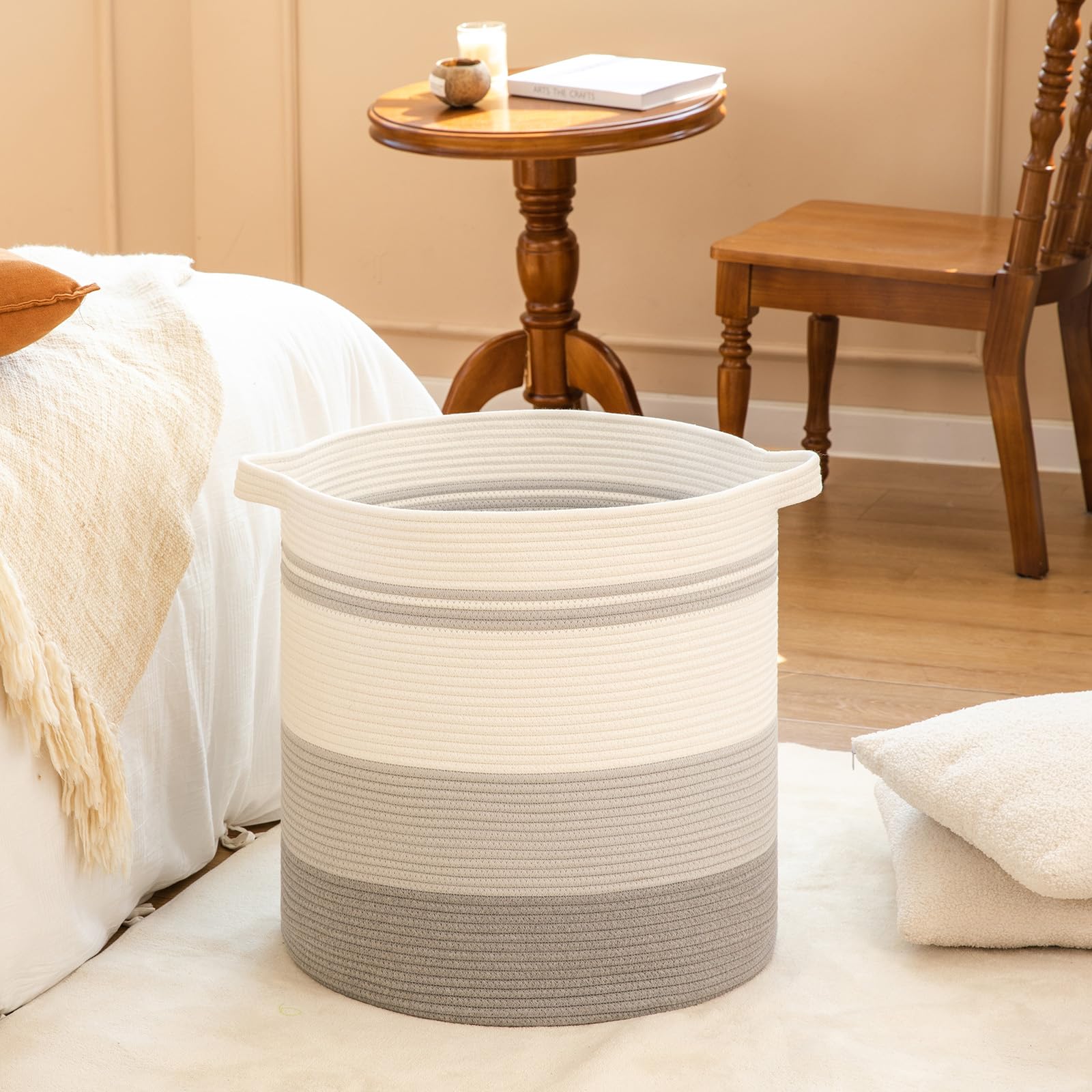 OIAHOMY 80L Laundry Hamper with Handles Decorative Basket for Living room Woven Storage Basket for Toys Bin Pillows  Blankets Clothes-20x18in-Gradient Gray