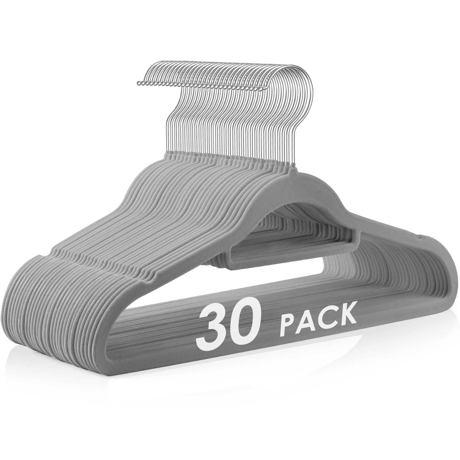 Duducofu Velvet Hangers Non Slip Felt Hangers, 30 Pack Grey Velvet Hangers Clothes Hangers Space Saving Slim Hangers With 360 De