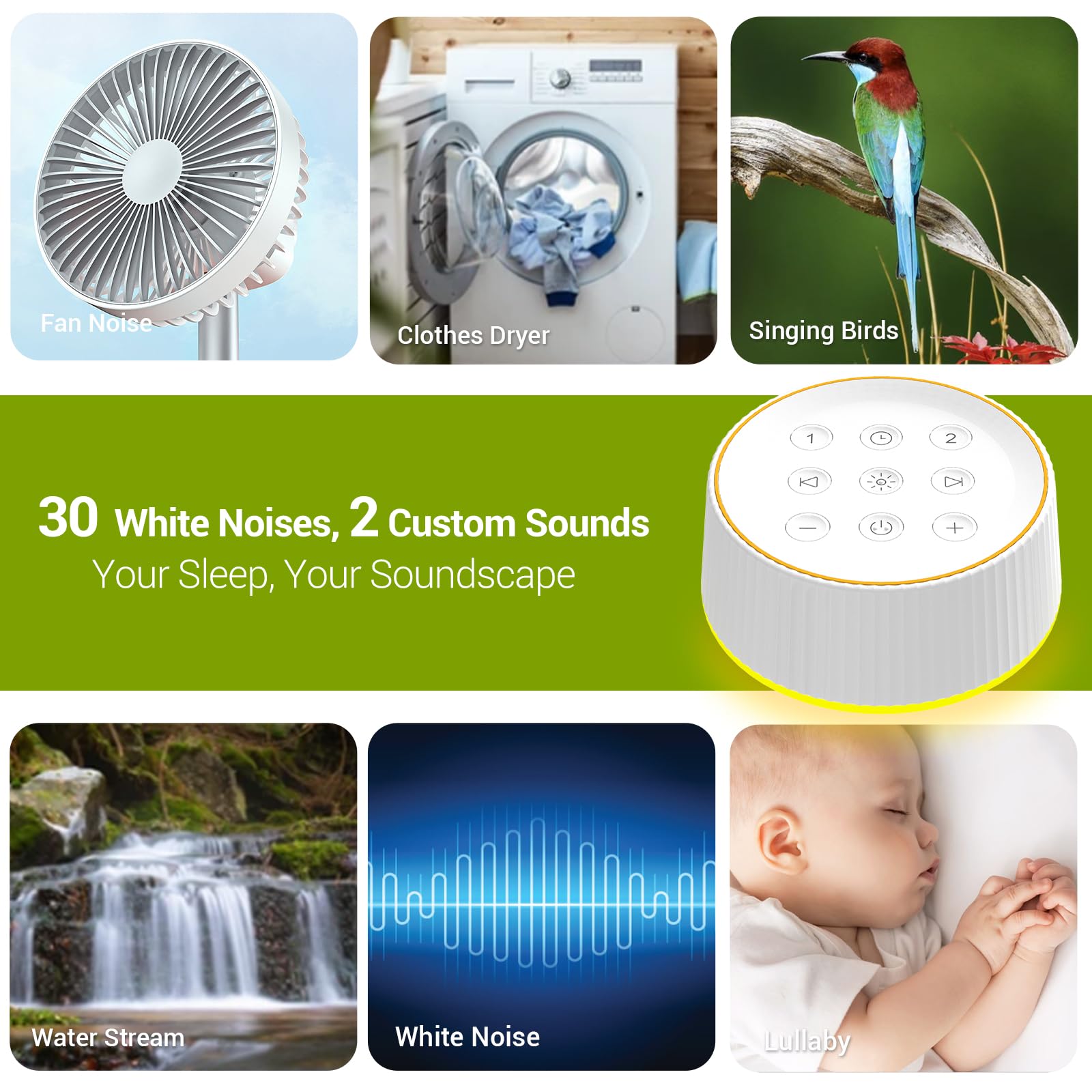 BGOVERSS White Noise Sound Machine  Baby Sound Machine Kids with 30 Soothing Sounds and 7 Colors Warm Night Light for Sleeping  5 Timers Portable Plug in Sound Machine for Baby  Adults White Color