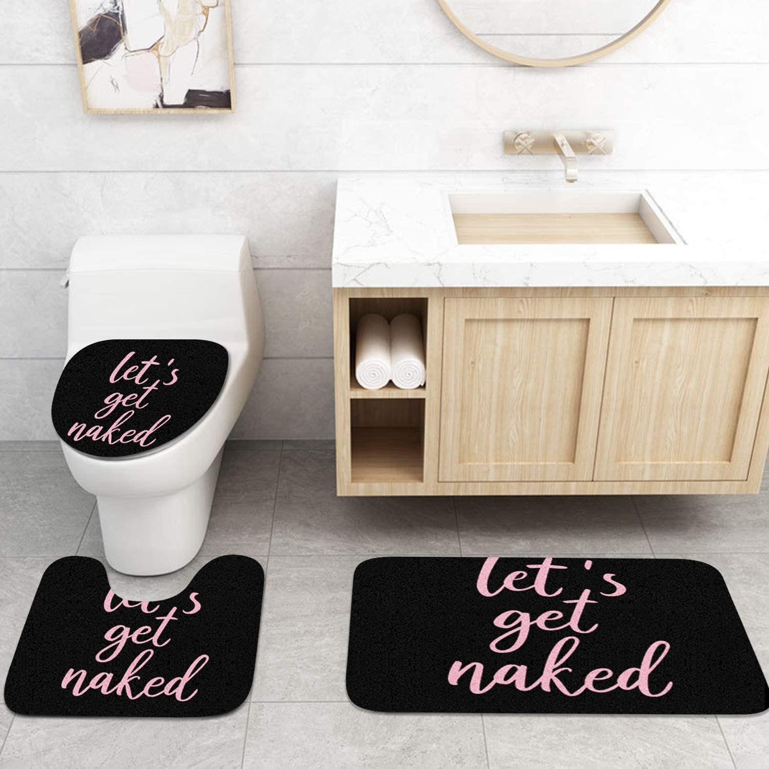 Artsocket 4Pc Pink Let'S Get Naked Shower Curtain Sets Black Bathroom Decor With Rugs, Non-Slip Rug,Toilet Lid Cover, Bath Mat A