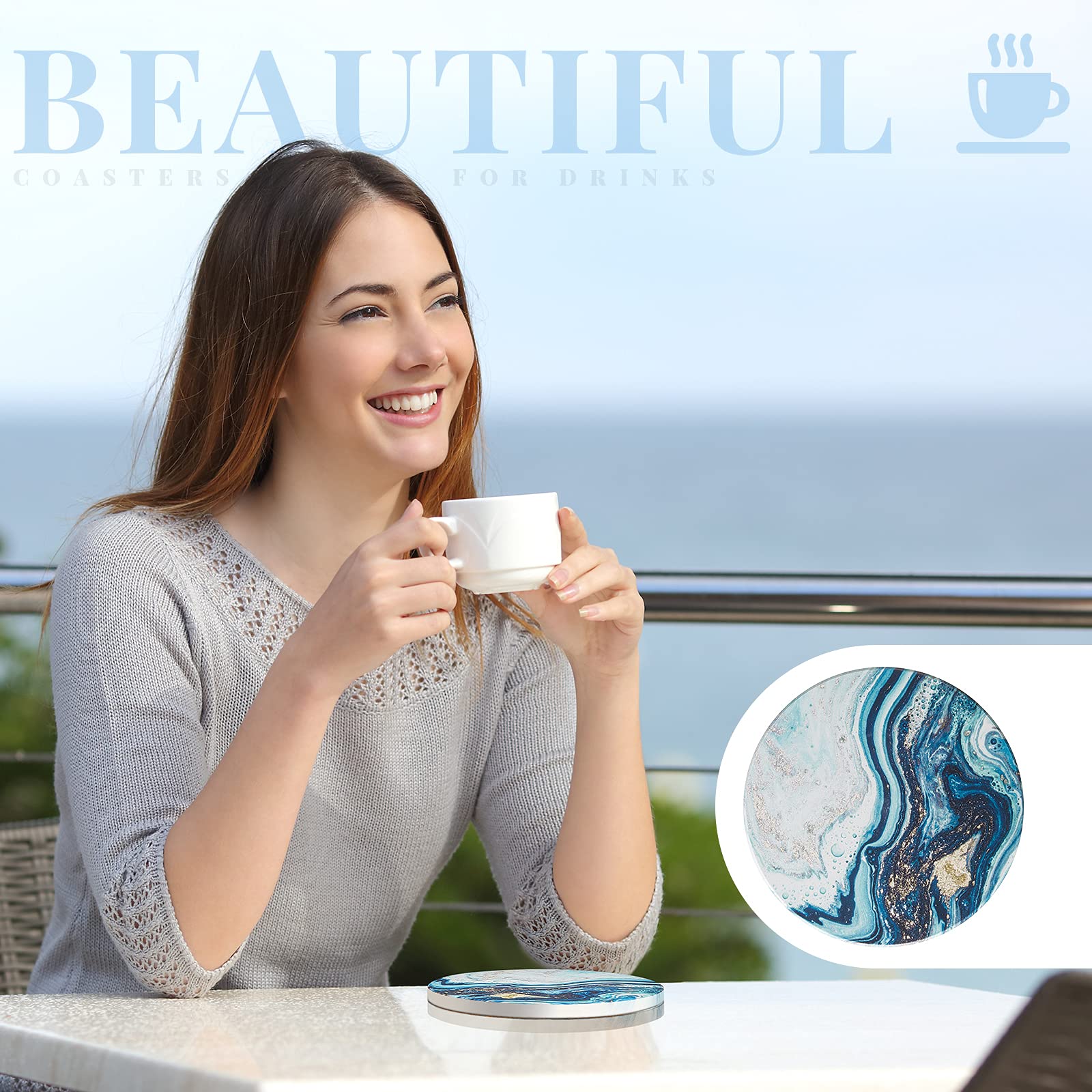 8 Pieces Coasters For Drinks With Holder, Marble Ocean Pattern Ceramic Absorbent Coasters With Cork Base Ocean Style Absorbent C