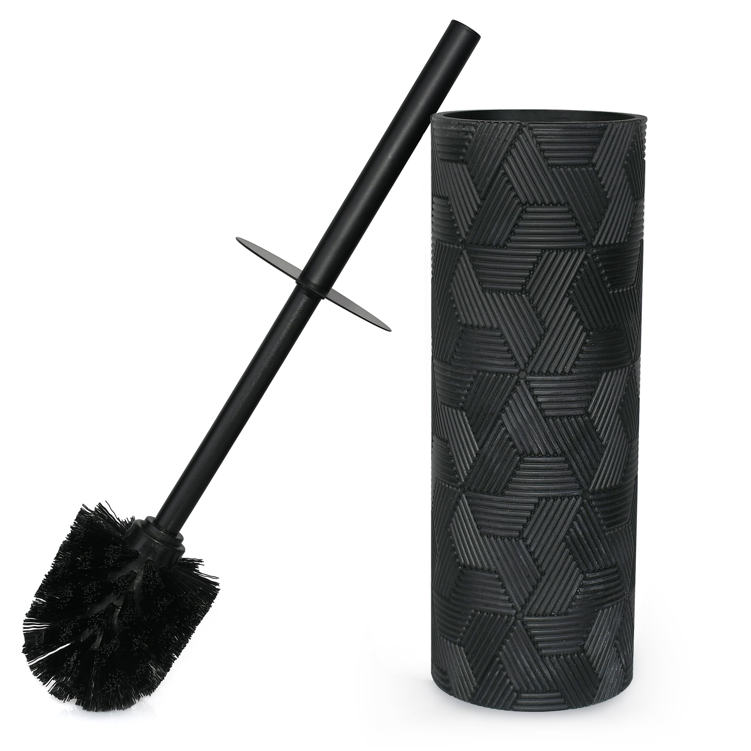 Indecor Home Matte Black Geo Design Resin Toilet Bowl Holder and Brush Set, Stylish Geometric Design with Durable Bristles, Comp