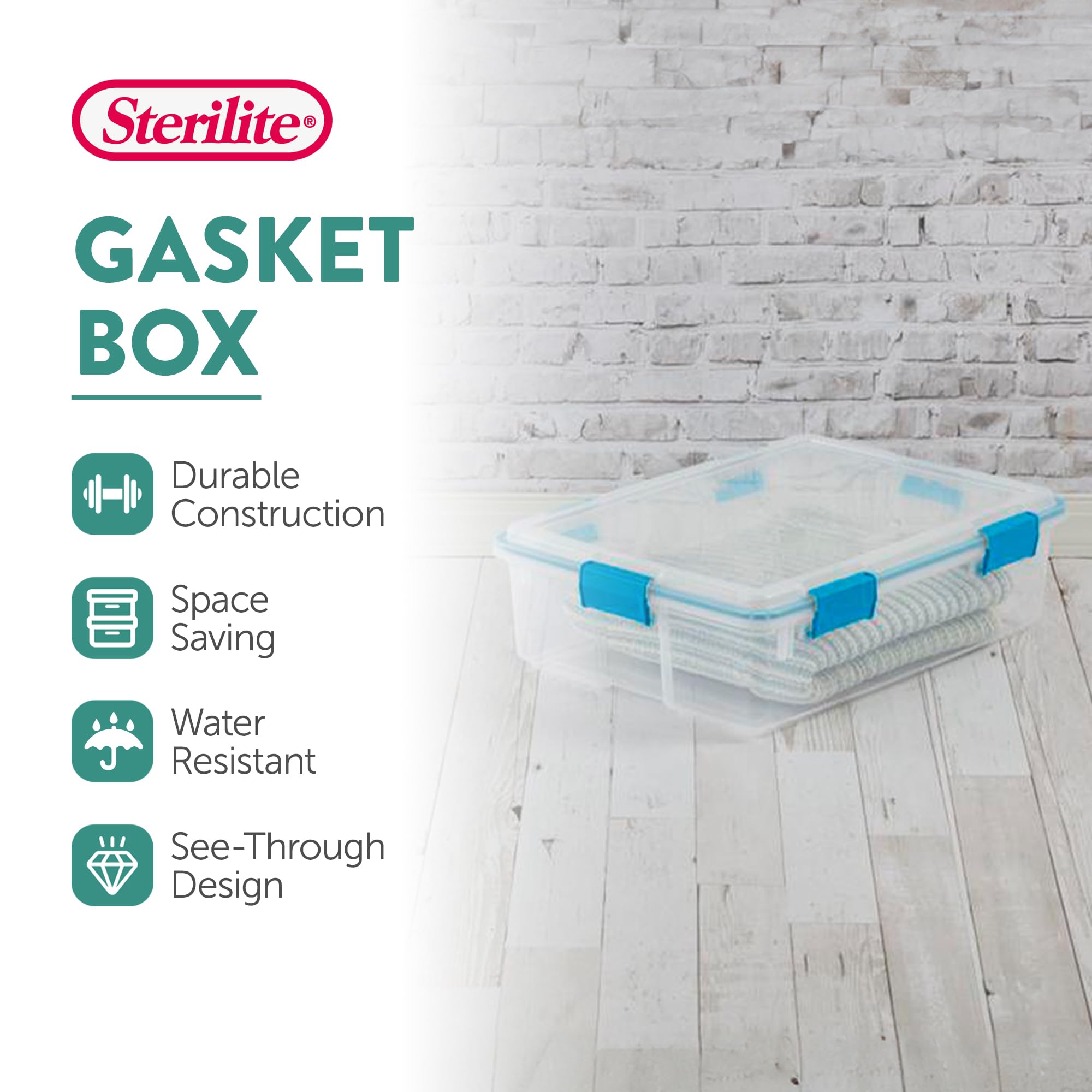 Sterilite Gasket Box, Stackable Storage Bin With Latching Lid, 37 Quart, 16 Pack