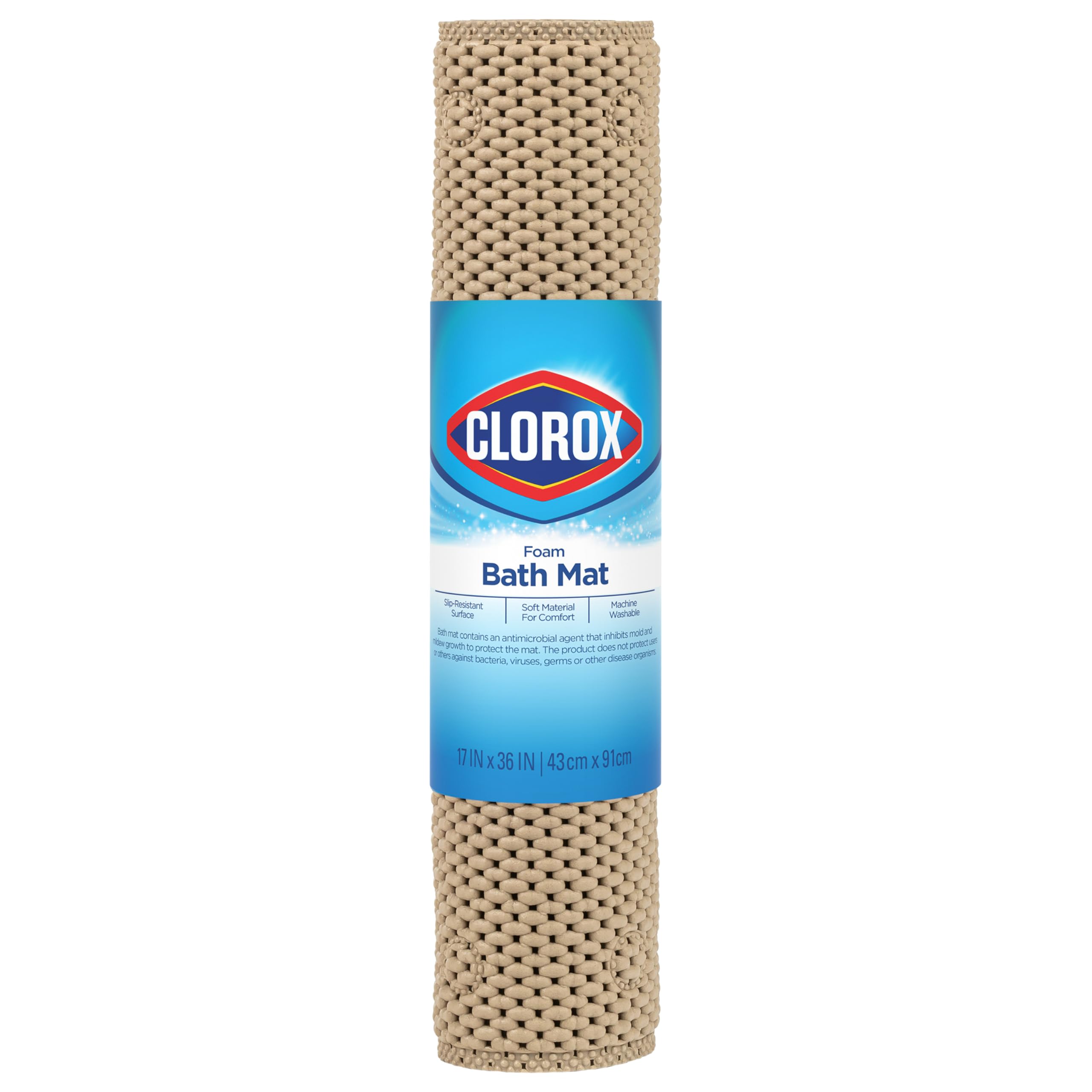 Clorox By Duck Brand Cushioned Foam Bathtub Mat, Non Slip Bath Mat With Suction Cups For Comfort And Safety, 17'' X 36'', Taupe