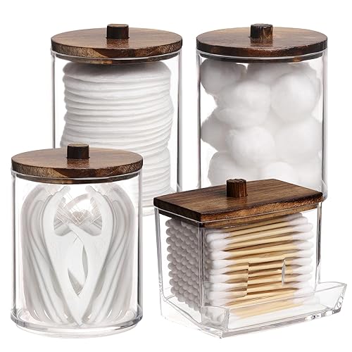 Tbestmax 4 Pack Qtip Holder Bathroom Container  10/7oz Cotton Ball/Swabs Dispenser  Apothecary Jar with Bamboo Lids for Organizer and Storage (Brown)