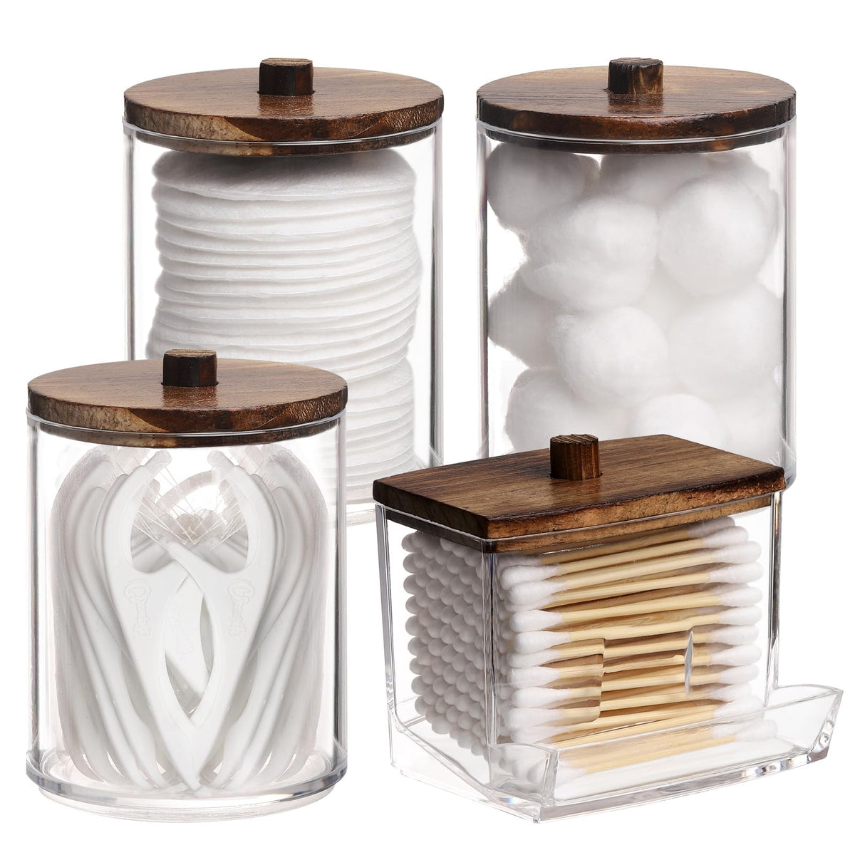 Tbestmax 4 Pack Qtip Holder Bathroom Container, 10/7Oz Cotton Ball/Swabs Dispenser, Apothecary Jar With Bamboo Lids For Organize