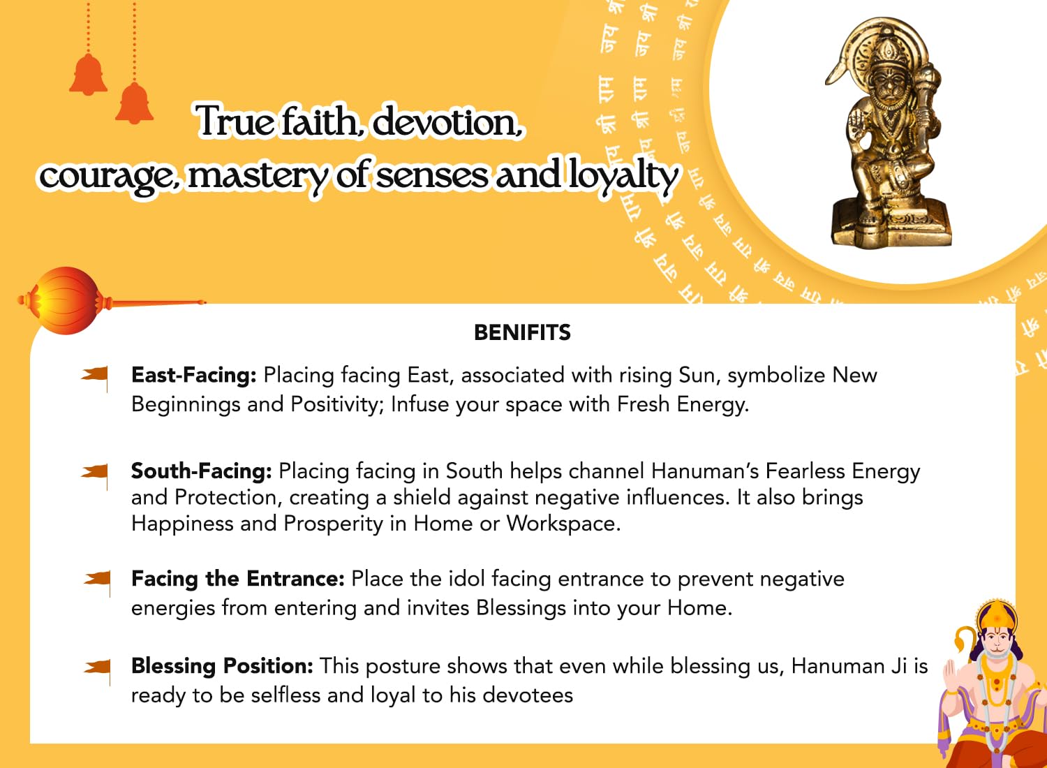 Ekhasa 100% Pure Brass Hanuman Ji Murti (Size: 8.4 cm) | Lord Hanuman Idol for Home Puja, Office Desk and Car Dashboard | Balaji