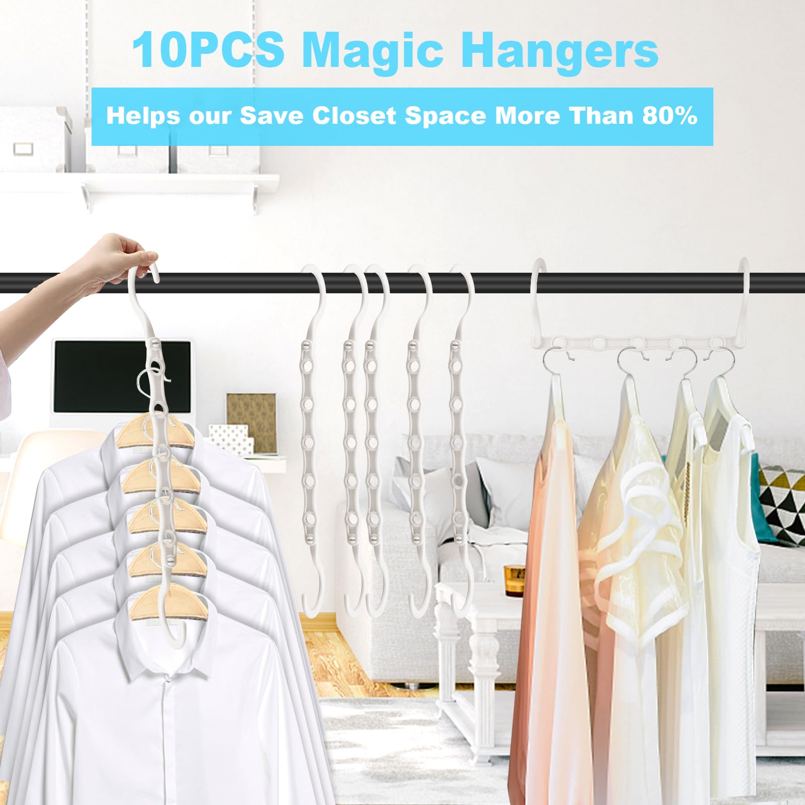 Space Saving Hangers  10PCS Magic Hangers  5 Holes Sturdy Plastic Hanger Clothes Organizer  Closet Organizers and Storage  Space Saver Hangers Organization  College Dorm Room Essentials (White)