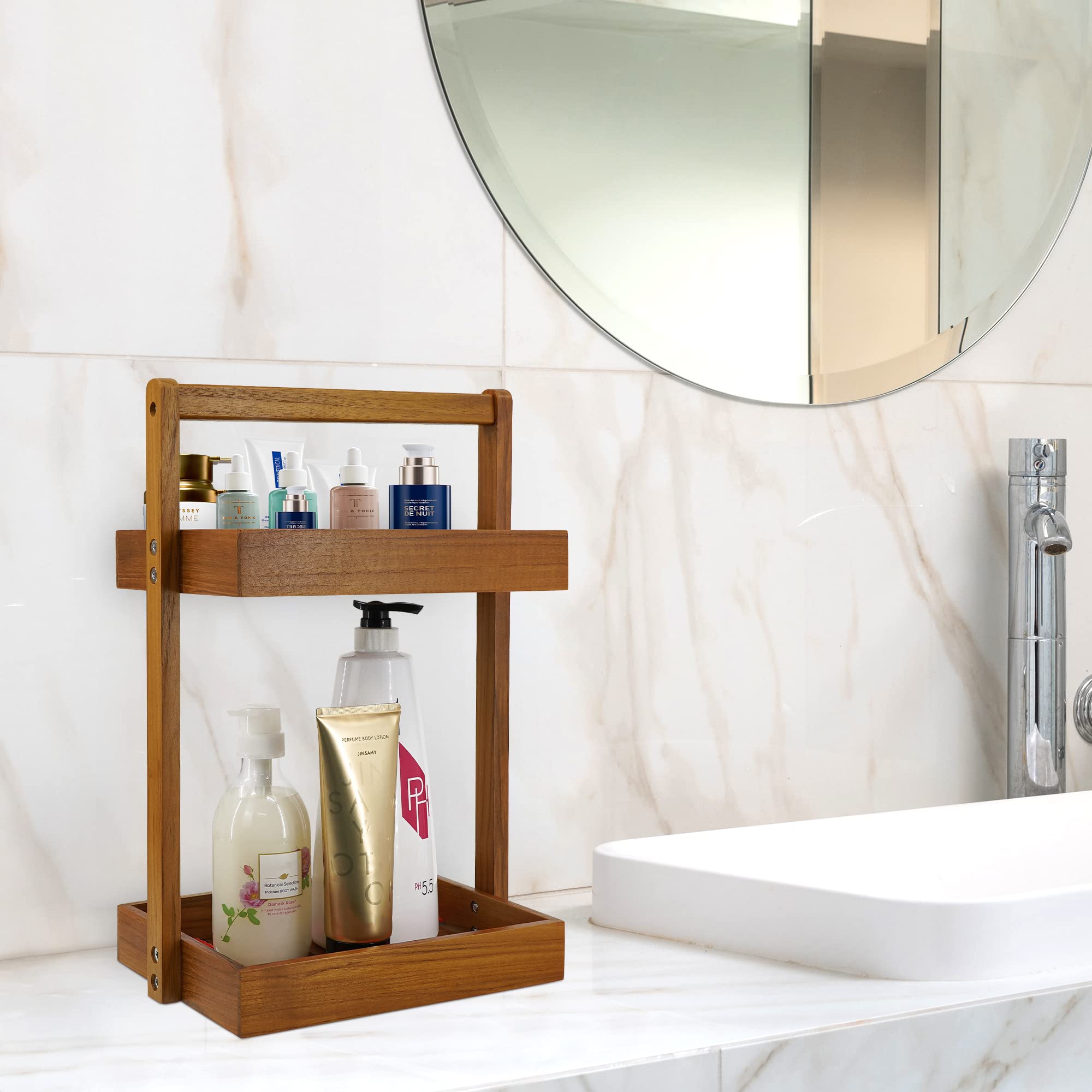 Utoplike Teak Wood Shower Caddy Corner, 2 Tier Bathroom Organizer Countertop, Standing Shower Rack With Handle, Stand Up Shower