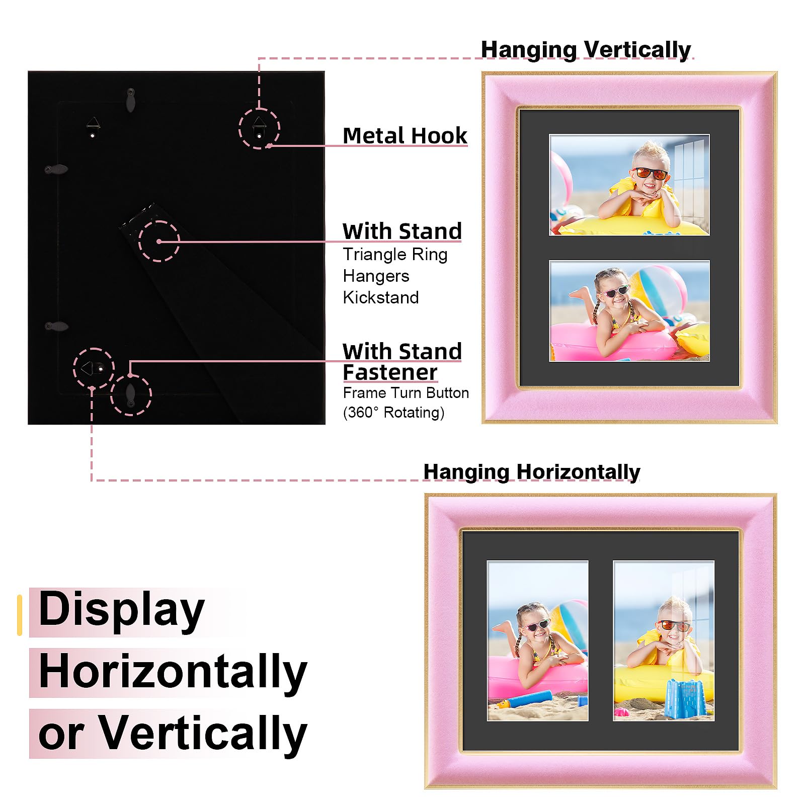 KSROECUD 8x10 Velvet Picture Frame with 2 Opening 4x6 Picture, HD Real Glass Pink Velvet Photo Frame with Black White Border Mat
