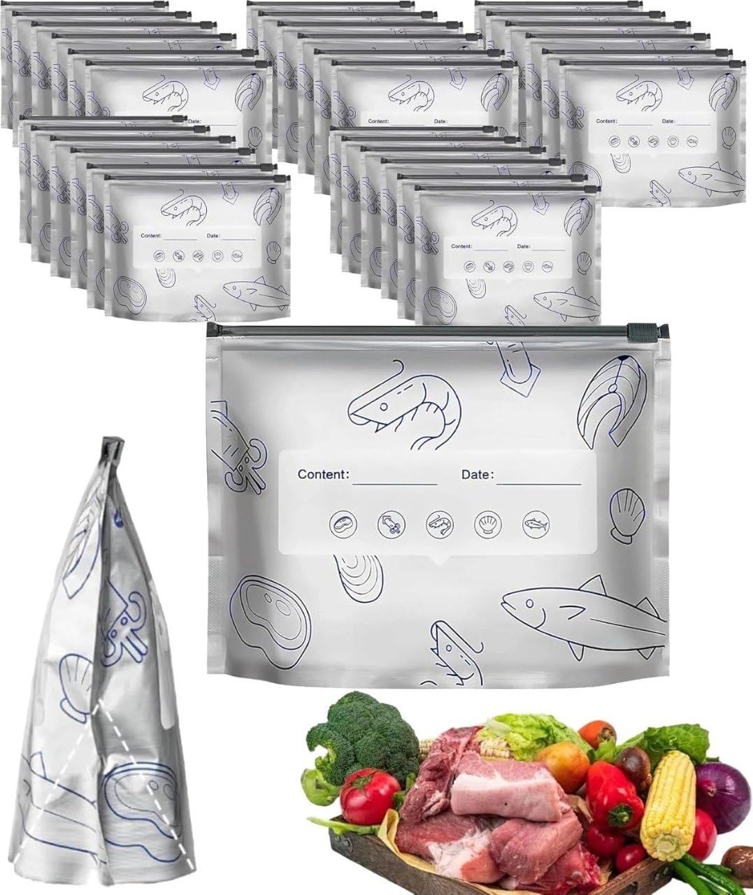 Ecomnewgen Reusable Food Storage Bags With Seafood Design, Freezer Safe, Content And Date Labels, Pack Of 10