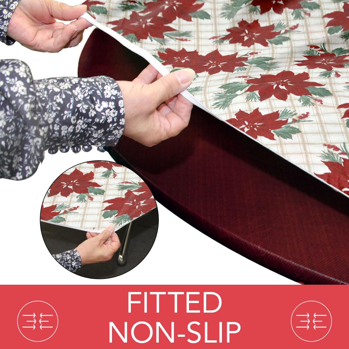 Covers For The Home Deluxe Elastic Edged Flannel Backed Vinyl Fitted Table Cover - Christmas Flower Pattern - Round Oblong Oval