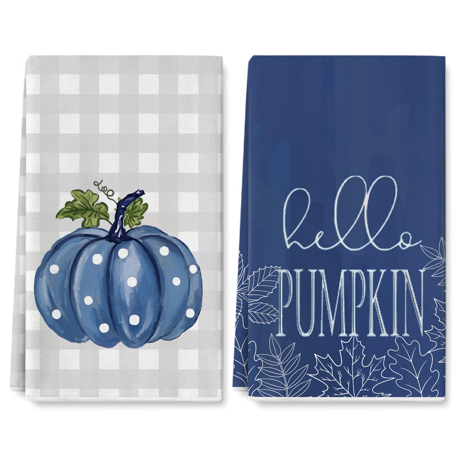 Anydesign Fall Kitchen Dish Towel 18 X 28 Inch Blue Pumpkins Autumn Dishcloth Grey Plaid Farmhouse Decorative Hand Drying Tea To