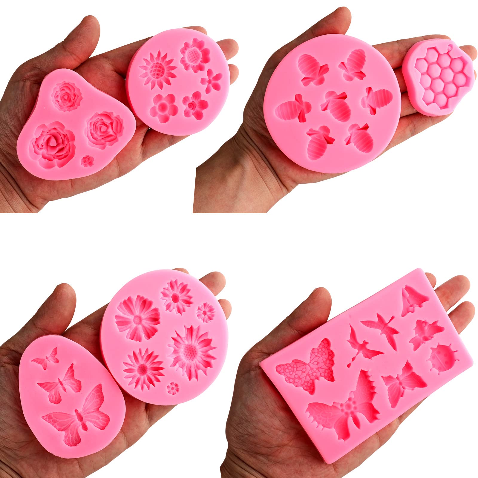 Silicone Mold Flower 8Pcs Chocolate Fondant Polymer Clay Candy Gummy Mold,Rose Leaf Butterfly Bee Honey Shaped Silicone Molds Fo
