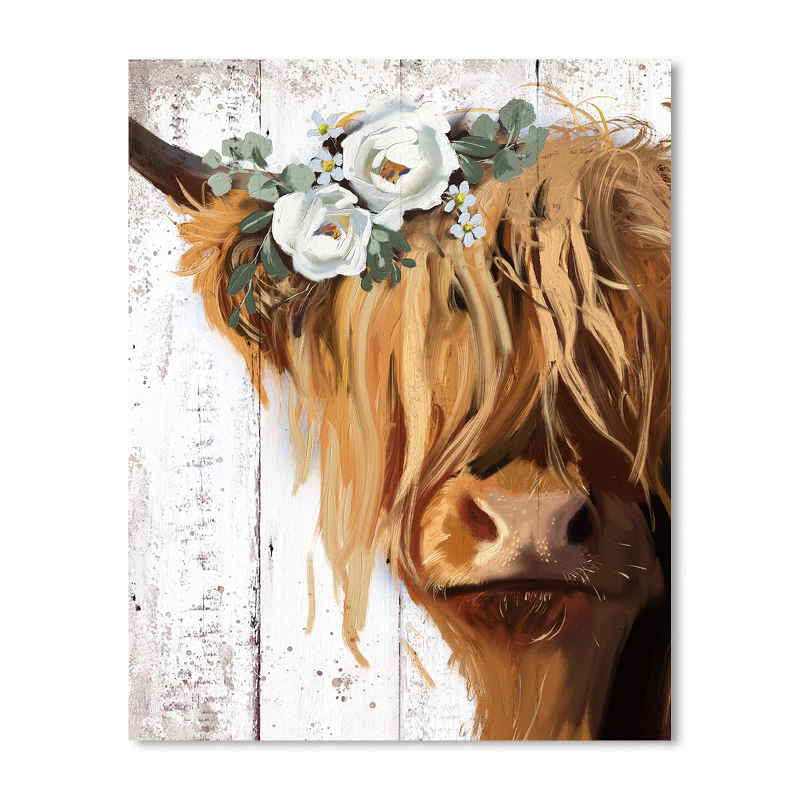 Highland Cow Canvas Wall Art: Cow With White Flower Picture Farmhouse Cow Decor Framed Poster For Bedroom Living Room Home Offic