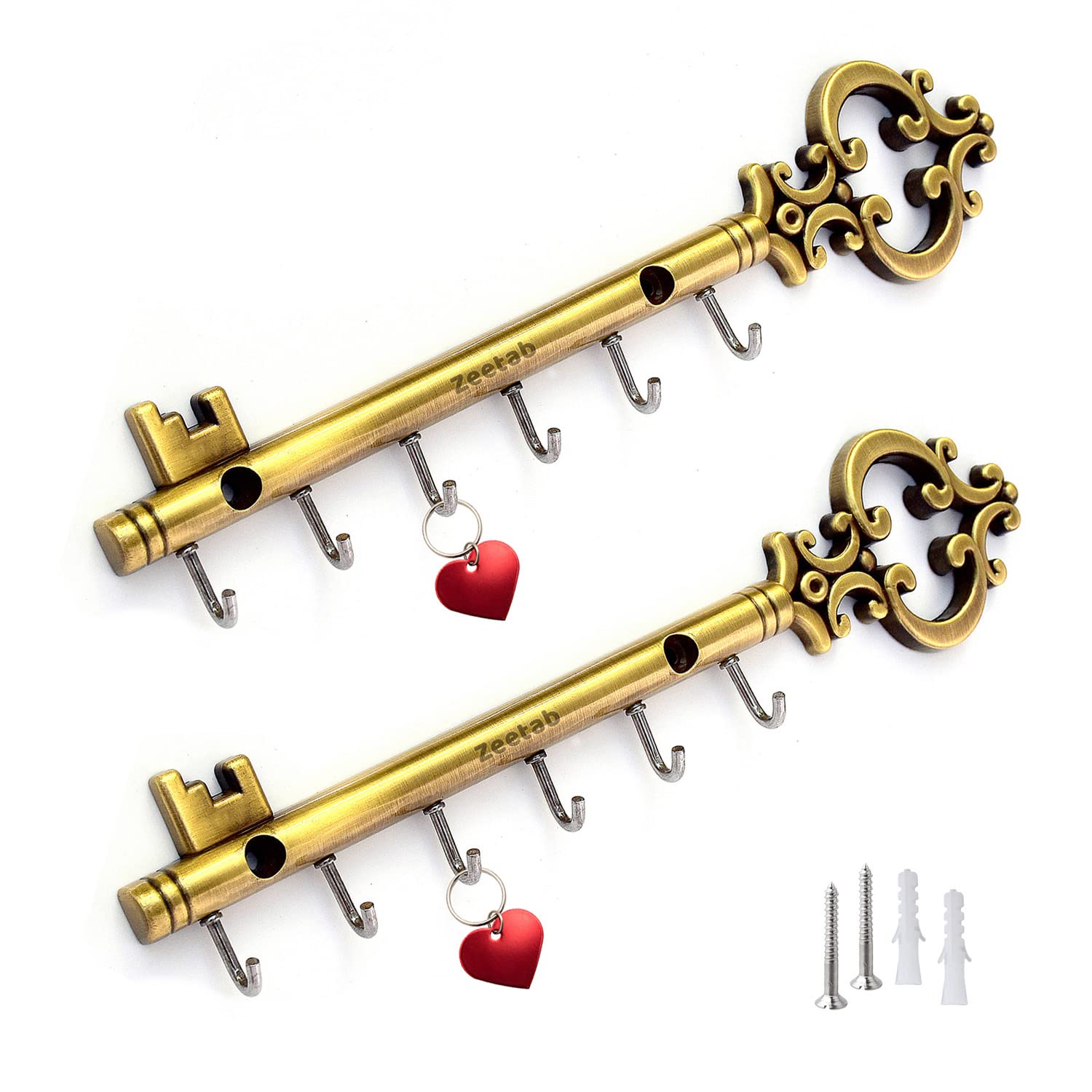 Zeetab Royal Key Holder | Rajwadi Key Stand with 6 Hook & Brass Metal Wall Mount Hanger | Home Decor Gift (Pack of 2) (Antique)