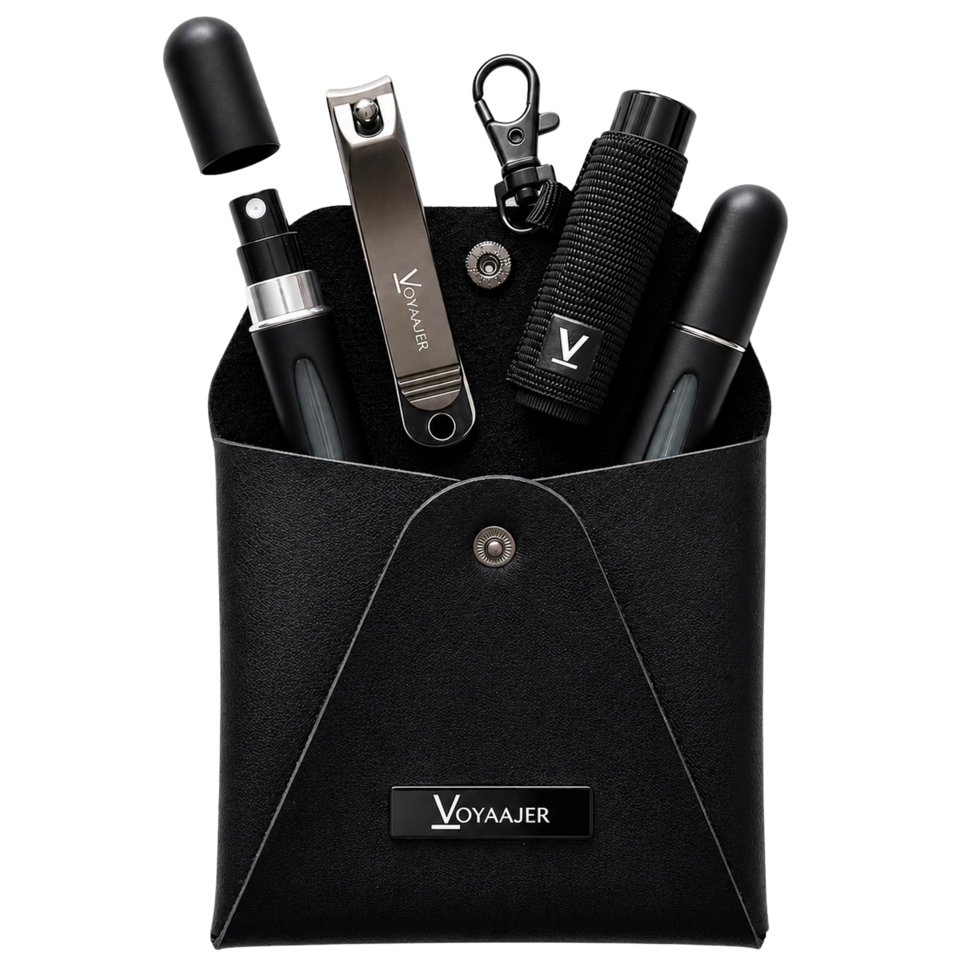 Voyaajer Noir 5 Piece Essential Set | 2Black 5ML Refillable ColognePerfume Atomizers | 1Black Vegan Leather Case | 1Black Li