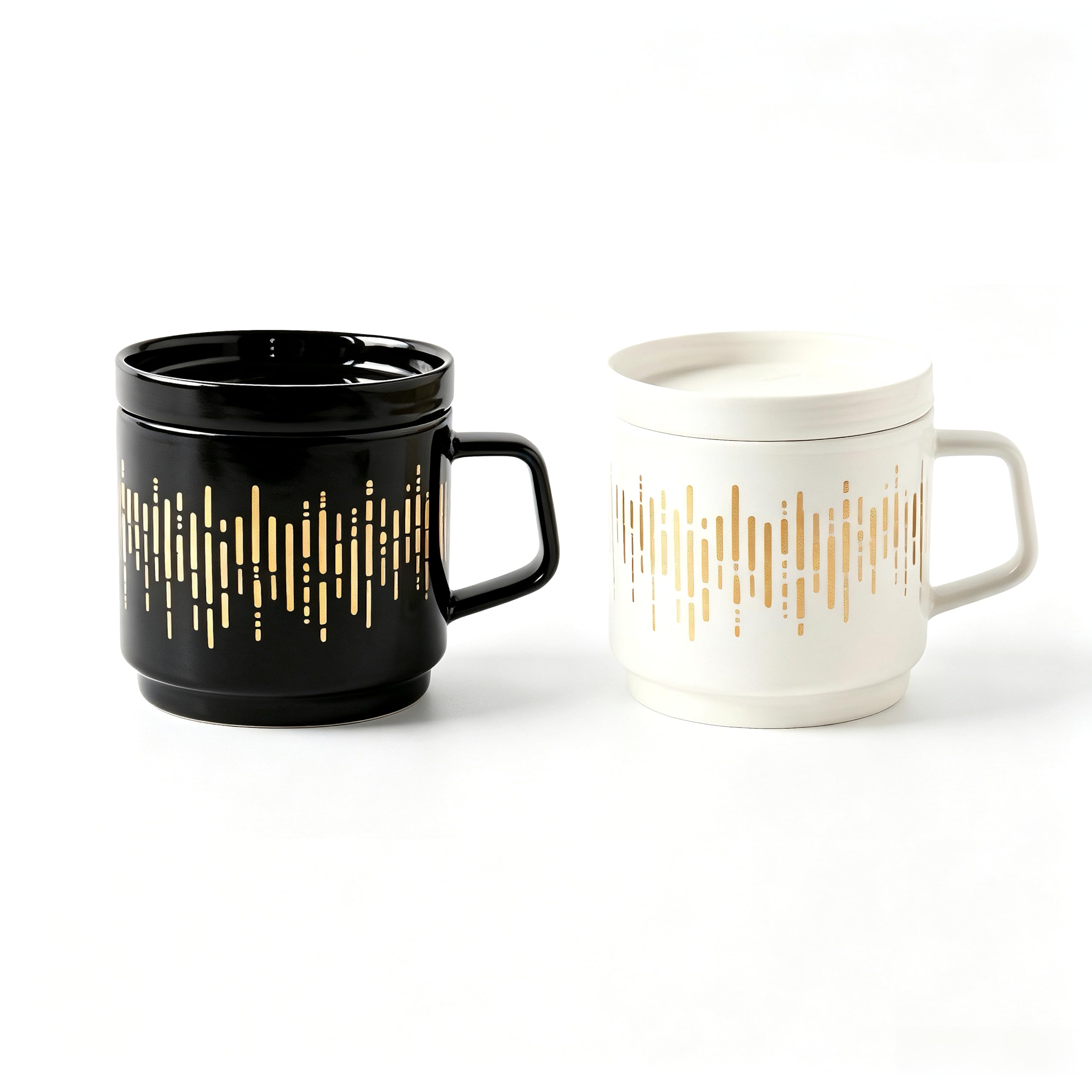 Ceramic Coffee Mug with Lid, Gold Pattern Design, Black and White, Set of 2