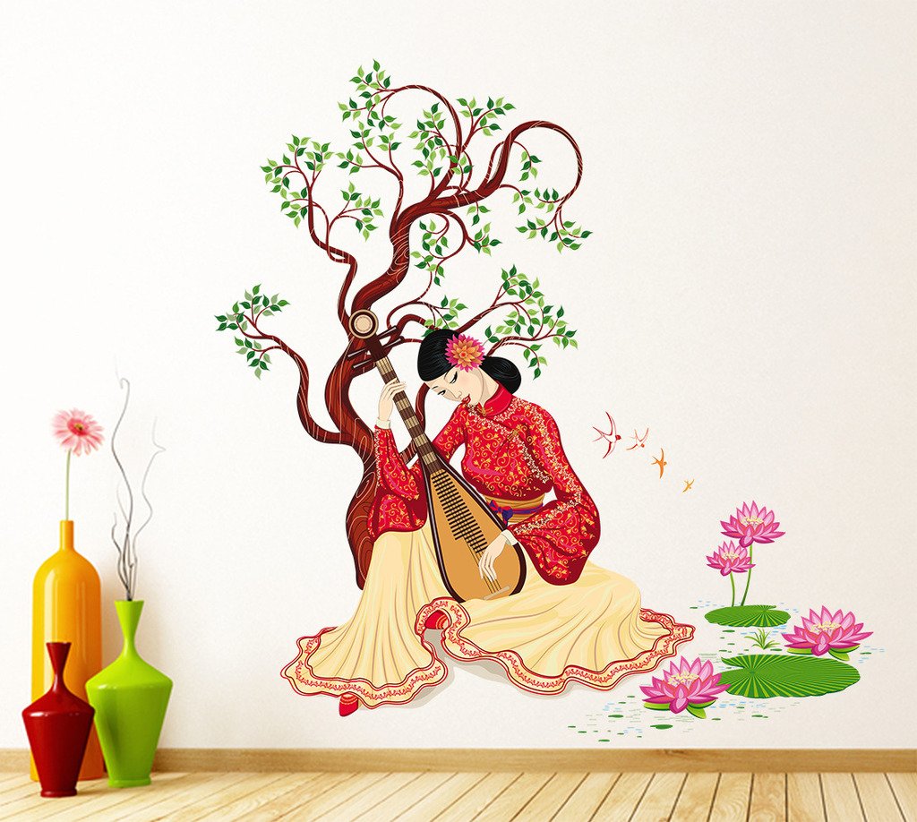Decals Design 'Chinese Girl Playing Lute Under The Tree' Wall Sticker (Pvc Vinyl, 50 Cm X 70 Cm X 1 Cm), Multicolour