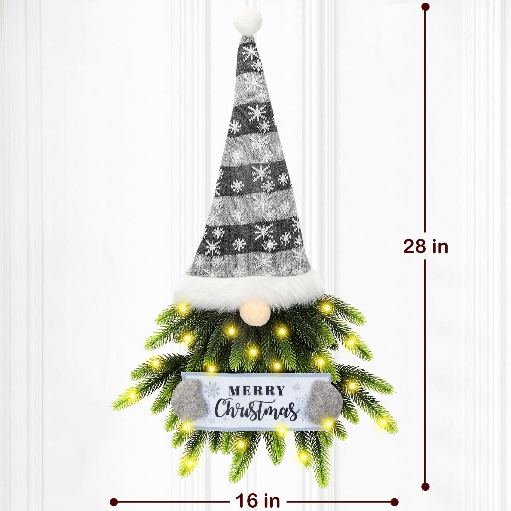 Lighted Gnome Christmas Wreath for Front Door - Artificial Santa Xmas Hanging Sign for Window Wall Decorations - Farmhouse Home