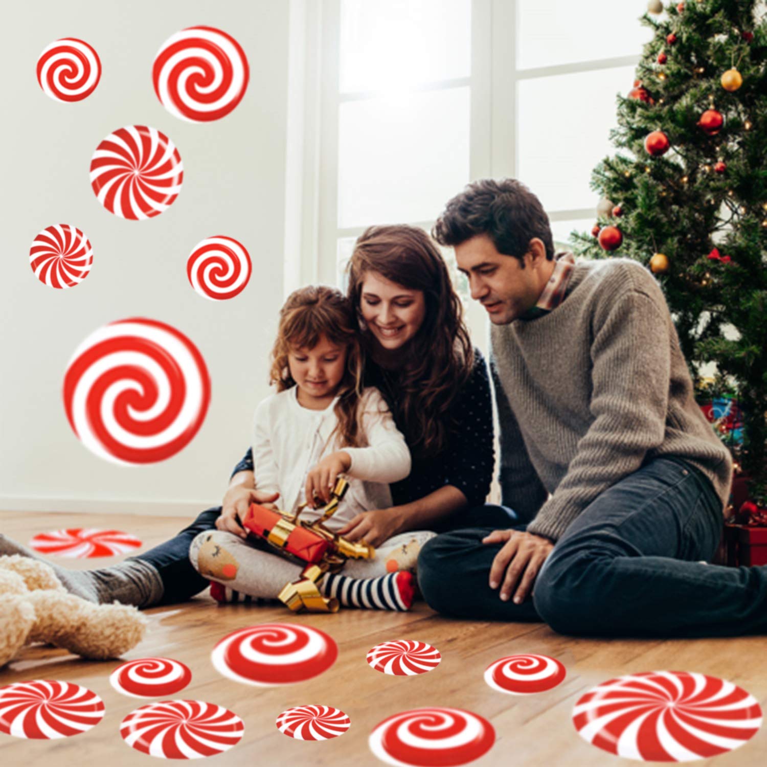 24 PCS Peppermint Floor Decals Stickers-3 Sizes Self-Adhesive Design Christmas Candy Stickers Floor Window Clings for Christmas Valentine's Day Candy Party Decorations