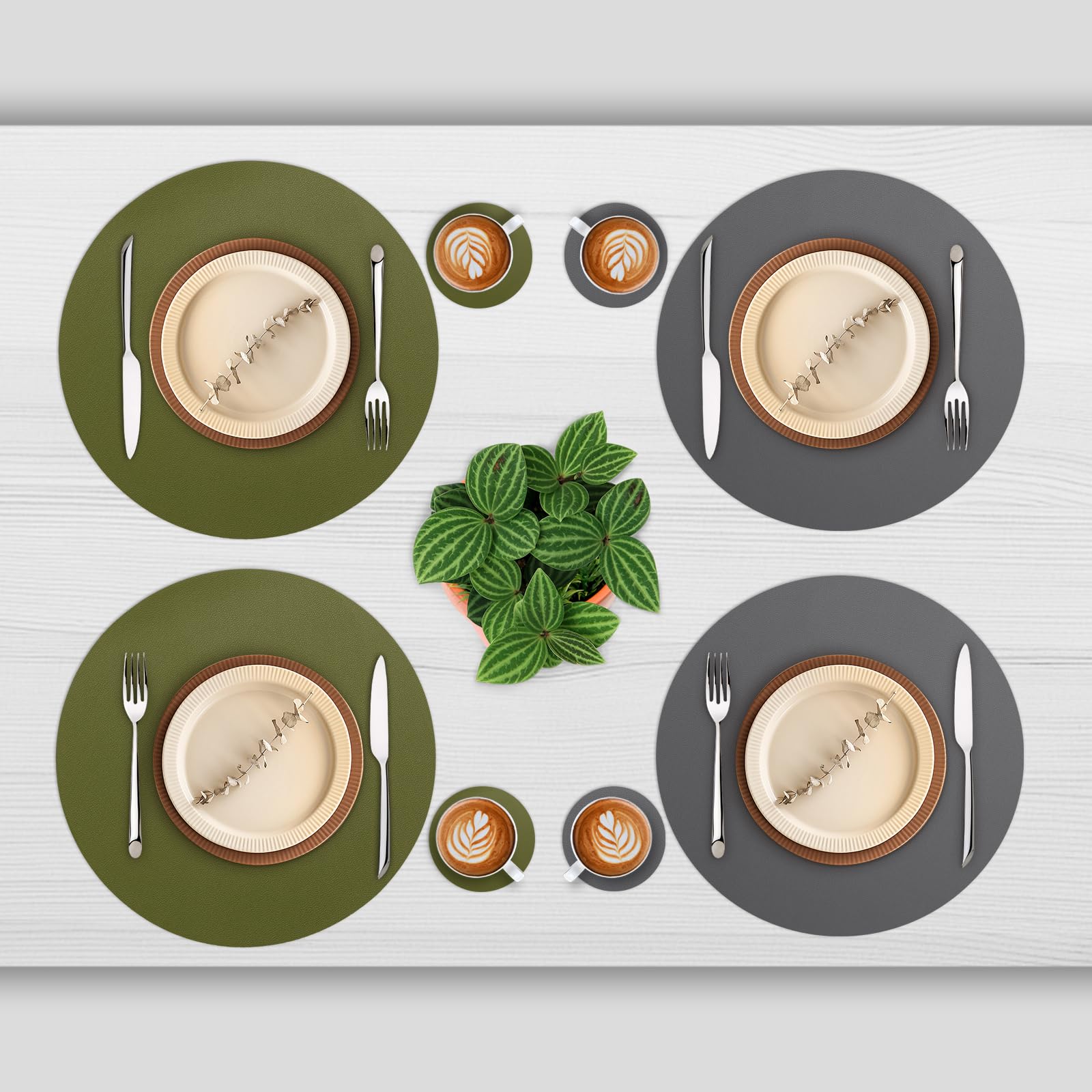 Myir Jun Round Table Placemats Set Of 4 Faux Leather Place Mats And Coasters 15 Inch Dual Sided Non-Slip Stain Resistant (Gray &