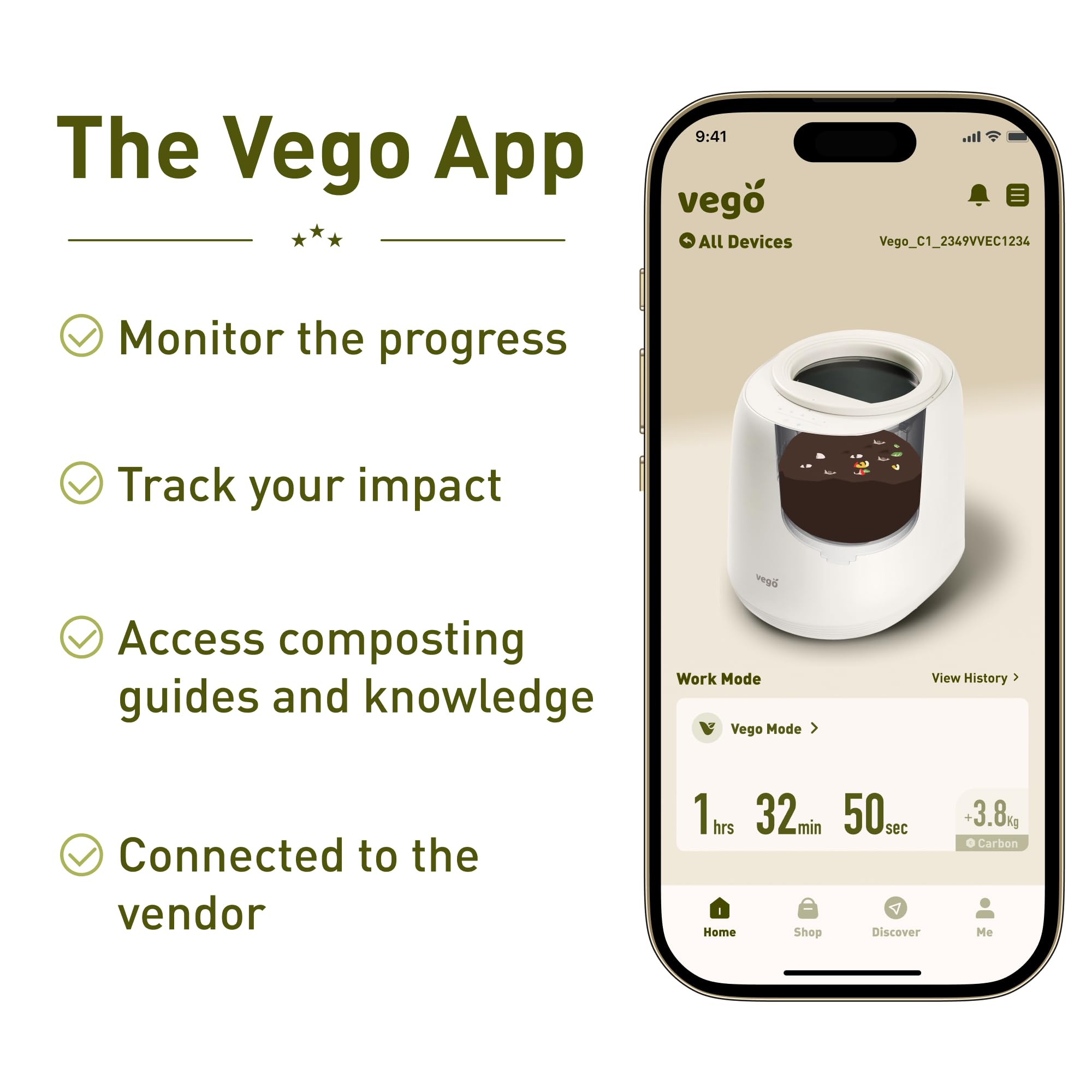 Vego Kitchen Composter, 4L Electric Composter Countertop 5 Modes Weight-Based Smart Compost Bin With App Odorless Auto-Cleaning