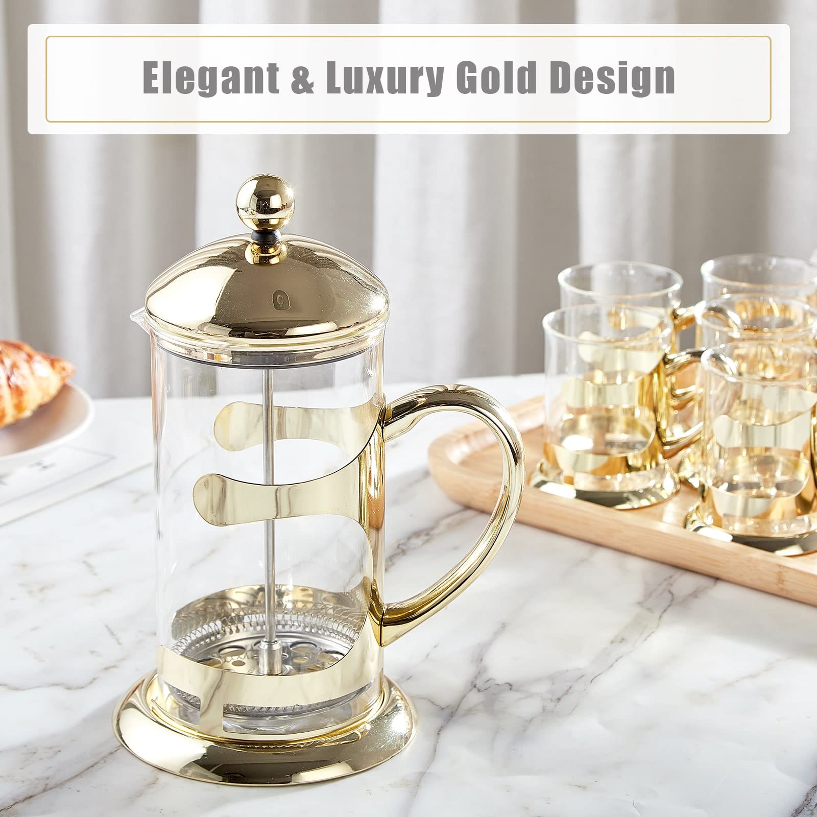 Dujust Gold French Press Coffee Maker, Luxury Design French Coffee Press With 4-Level Filter System, High-Grade Glass For Hot &