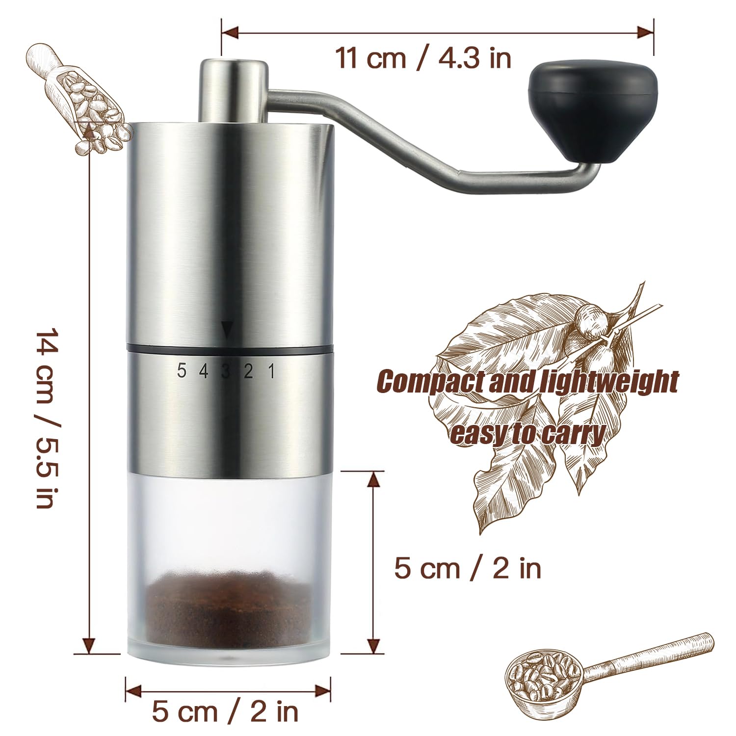 Ezlucky Portable Manual Coffee Grinder - Conical Burr With 5 Adjustable Settings For Smooth Grinding, Perfect For Espresso Enthu