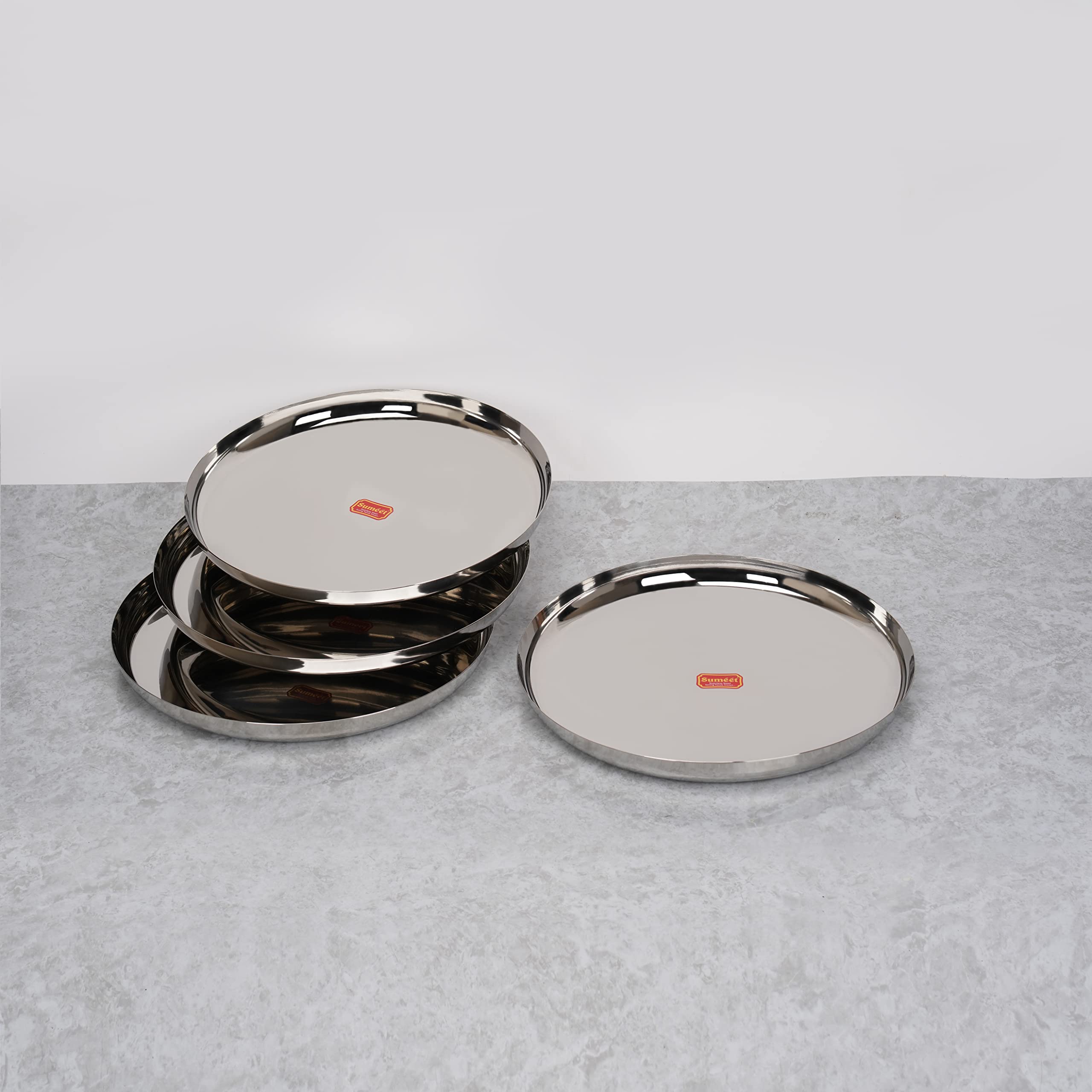 Sumeet Stainless-Steel Apple Shape Heavy Gauge Dinner Plates with Mirror Finish-34.6cm Dia, Set of 4pc, Silver