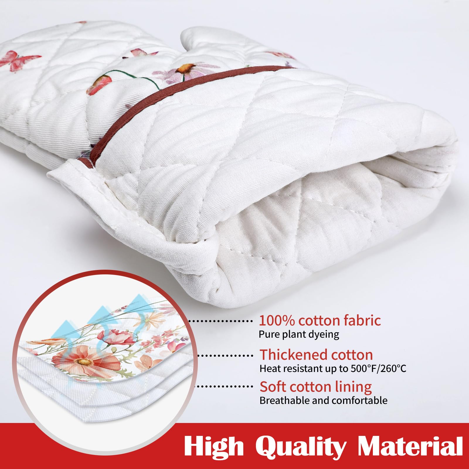 Arquiel Pink Floral Oven Mitts And Pot Holders Sets 2Pcs, 100% Cotton Heat Resistant, Extra Long Oven Gloves Potholder For Kitch