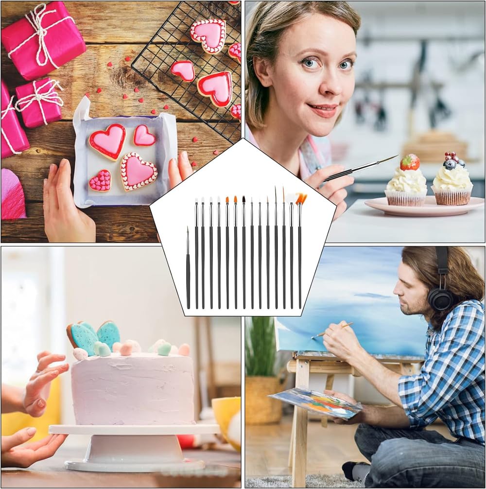Whtchsu 15Pcs Cake Painting Brushes, Cake Decorating Brushes Kit Food Safe Paint Brush Tools,Sugar Cookie Painting Brushes Suppl