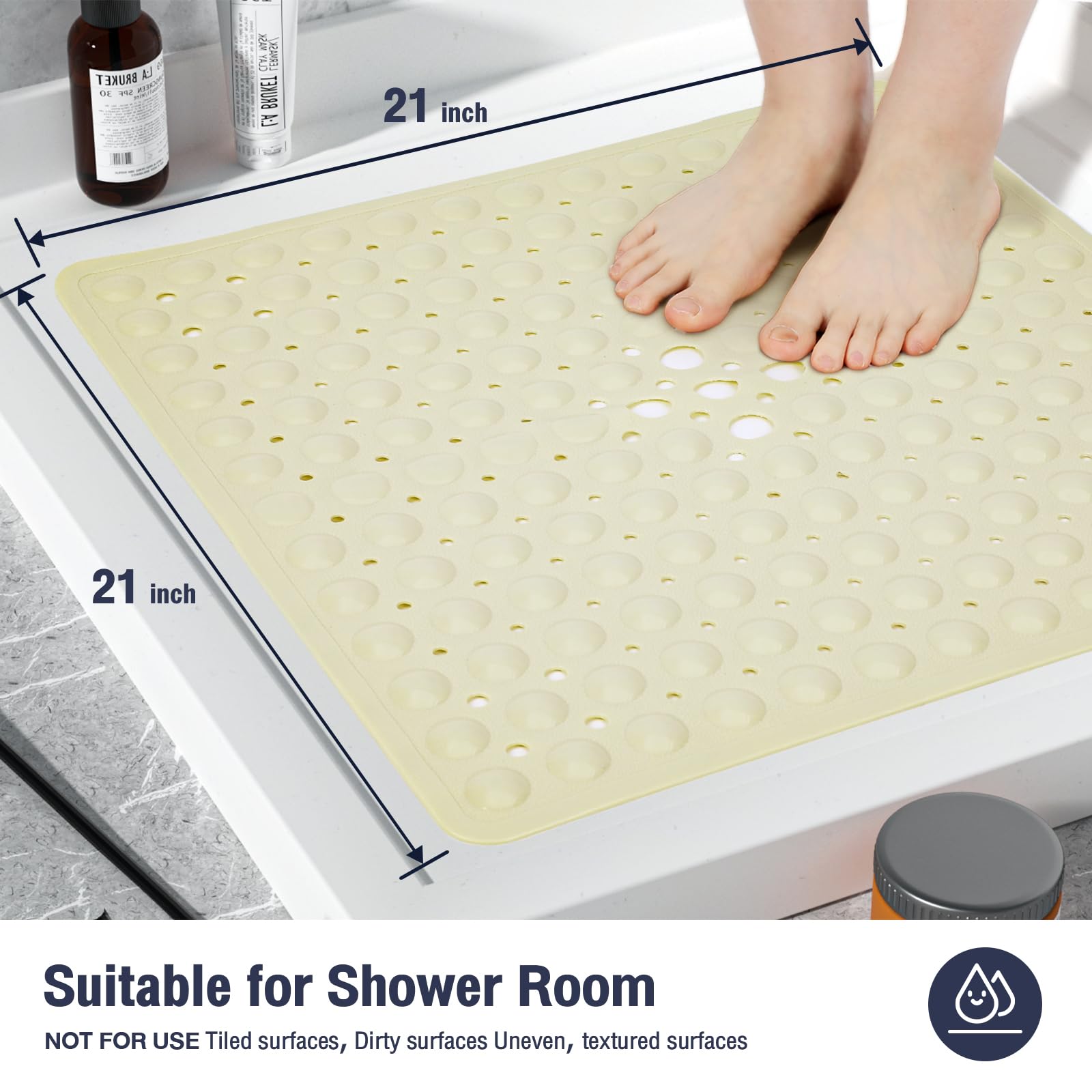 Naoloture Beige Square Shower Bathtub Mat Non Slip 21X21 Inch, Soft Bath Mat For Inside Shower Tub, Shower Stall Mats For Bathro