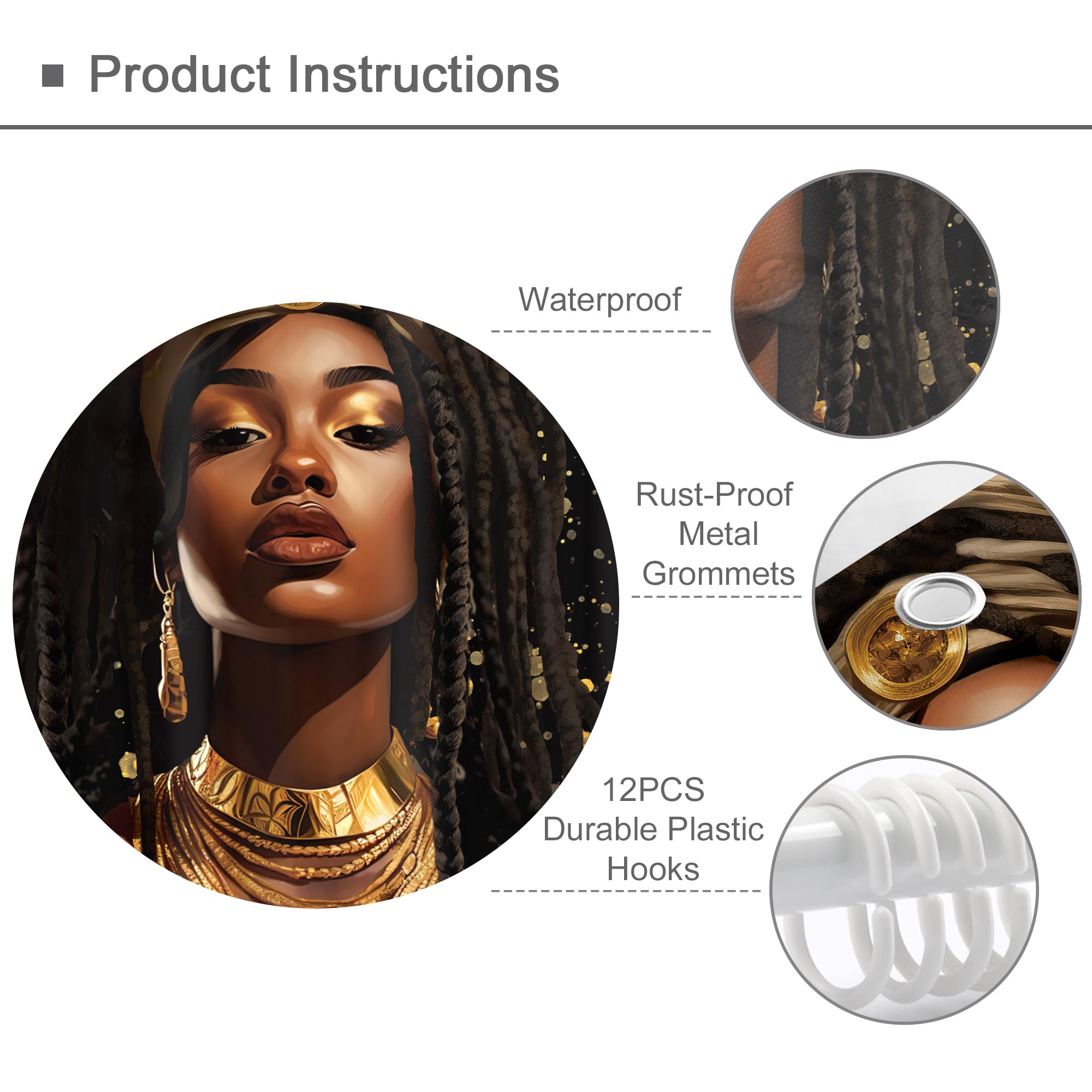 Omifly Black Girl Shower Curtain 60Wx72H Inch African American Woman Afro Ethnic Golden Luxury Modern Vintage Retro Fashion Aest