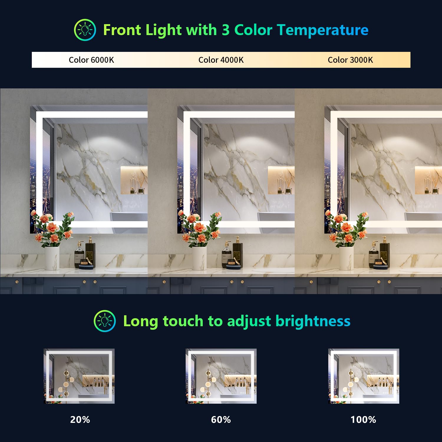 YEELAIT RGB LED Bathroom Mirror 36x28 Inch Front Light and RGB Backlit Lighted Vanity Mirror for Bathroom Wall Mounted Dimmable Anti Fog Memory Shatter-Proof IP54 Waterproof Horizontal/Vertical