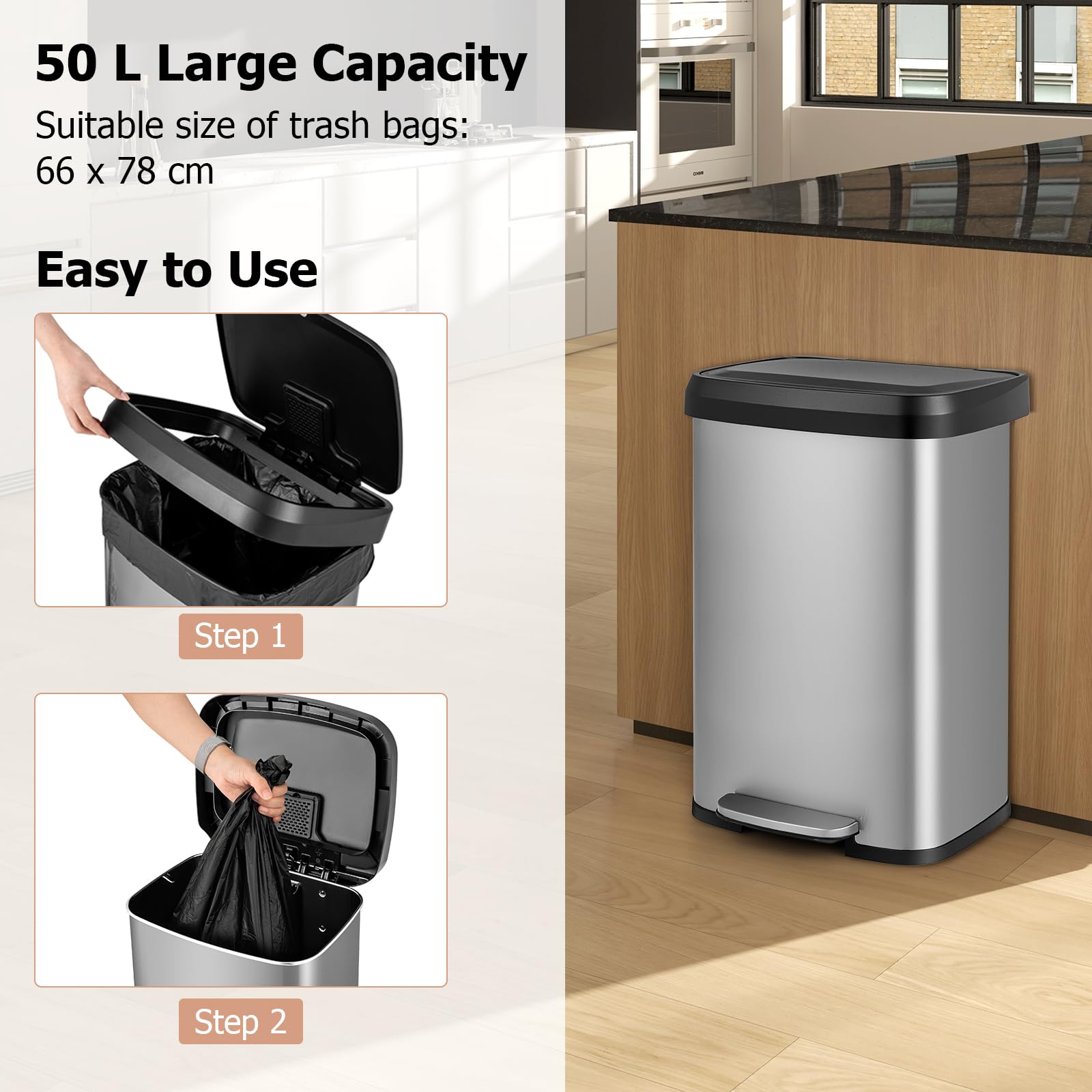 Tangzon 50L Recycling Pedal Bin, Stainless Steel Kitchen Bin With Removable Bucket, Soft Close Lid, Handle & Non-Slip Base, Fing