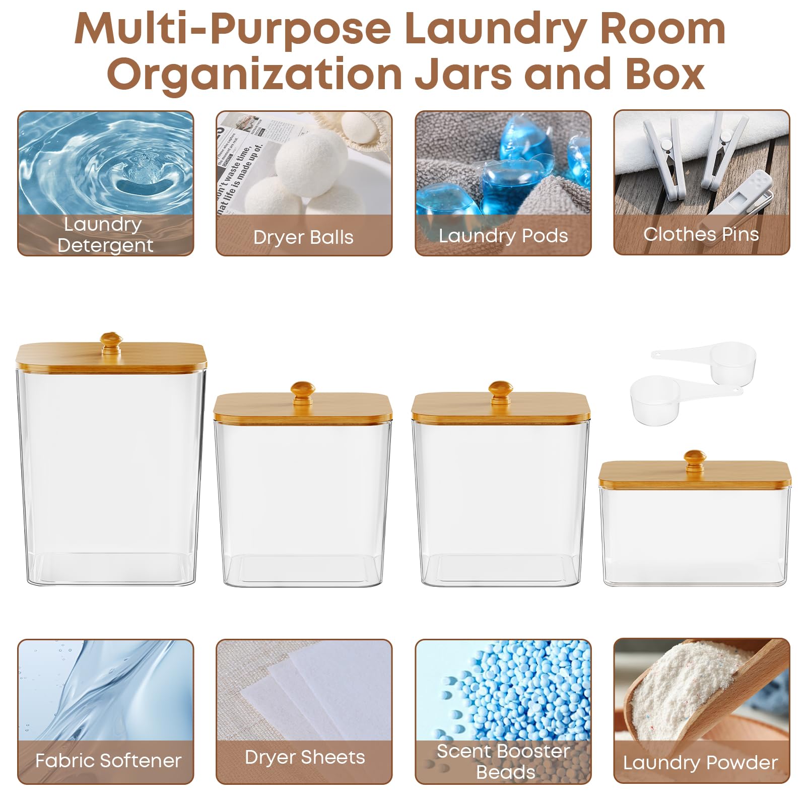 Coazex 4 Pack Clear Laundry Pods Container & Dryer Sheet Holder, Plastic Square Laundry Room Organization And Storage Jars With