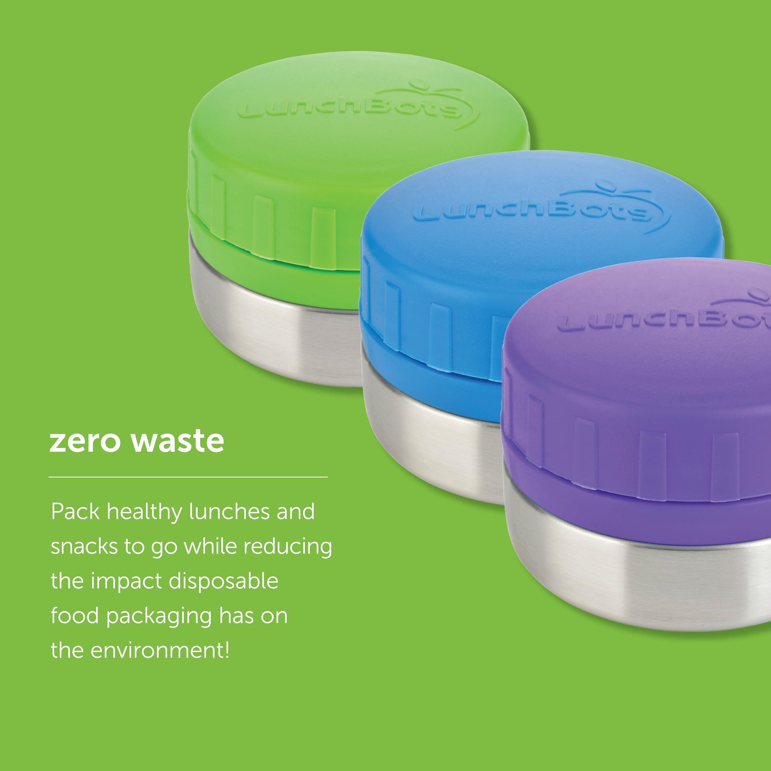 Lunchbots Rounds Leak Proof 4 Oz. Stainless Snack Container Jar, Set Of 2, Green Lids